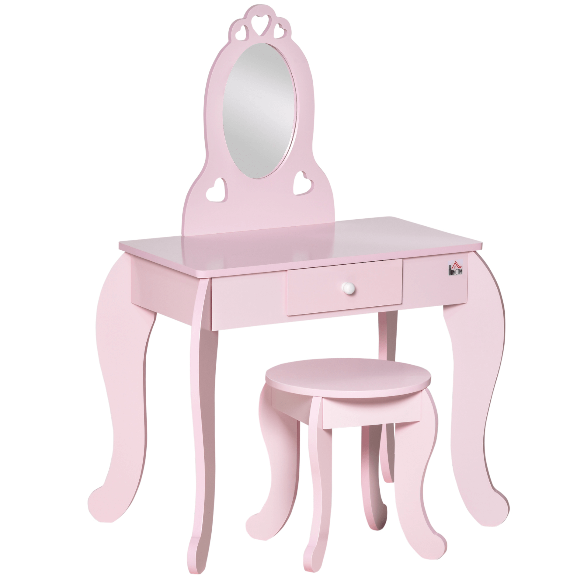 Kids Vanity Table & Stool Set - Pink Dressing Set, Perfect for imaginative play, this pink vanity set includes a mirror, stool, and storage drawer, providing a whimsical, enchanting space for girls.