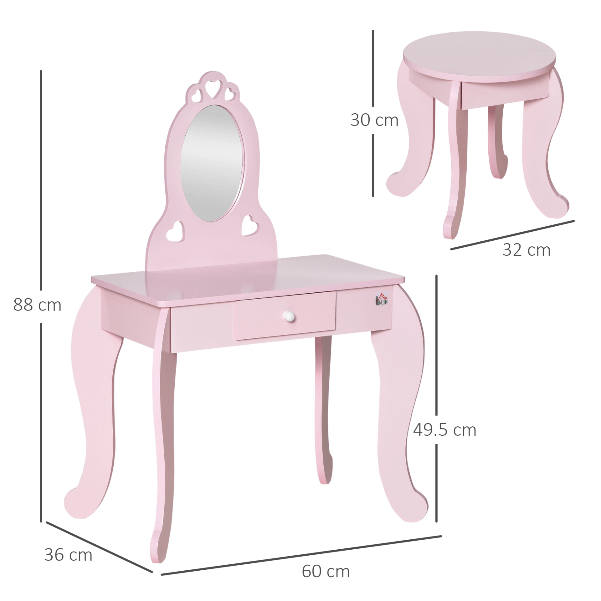 Kids Vanity Table & Stool Set - Pink Dressing Set, Perfect for imaginative play, this pink vanity set includes a mirror, stool, and storage drawer, providing a whimsical, enchanting space for girls.