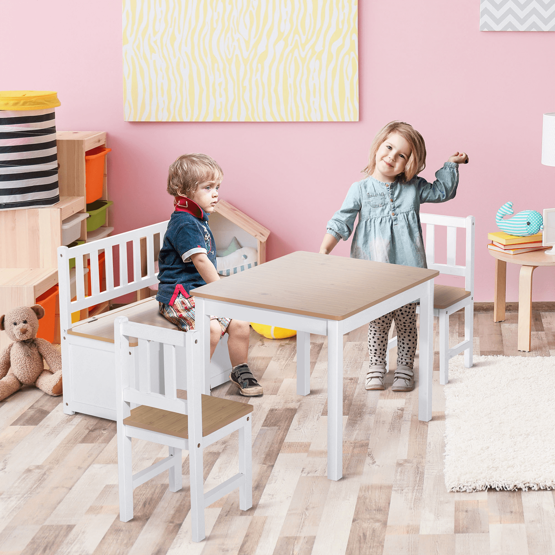 Kids Table & Chair Set with Storage - 4-Piece Furniture, Discover our Kids Table and Chair Set with Storage Bench. Ideal for ages 3+, this 4-piece set includes a table, storage bench, and 2 chairs for endless play.