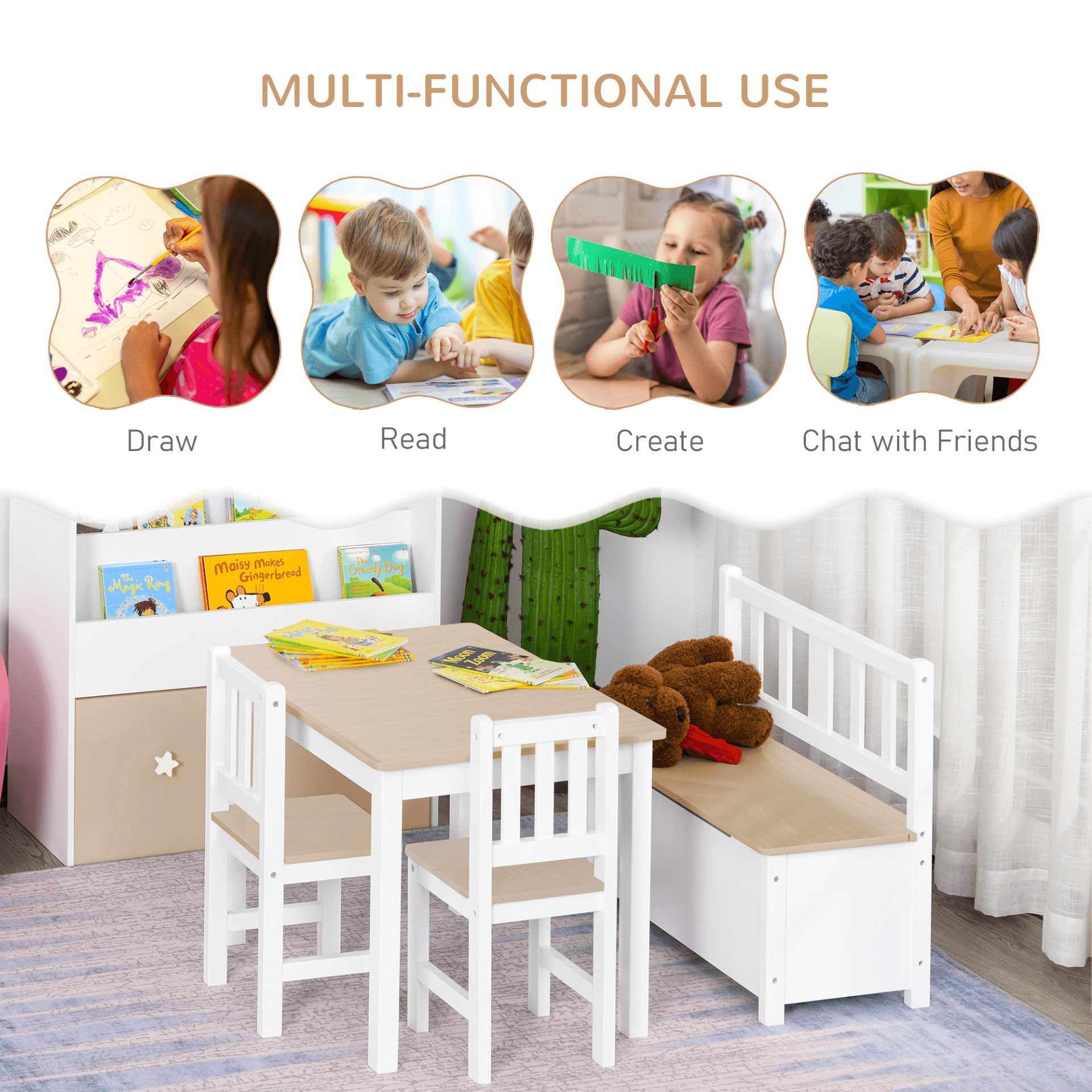 Kids Table & Chair Set with Storage - 4-Piece Furniture, Discover our Kids Table and Chair Set with Storage Bench. Ideal for ages 3+, this 4-piece set includes a table, storage bench, and 2 chairs for endless play.