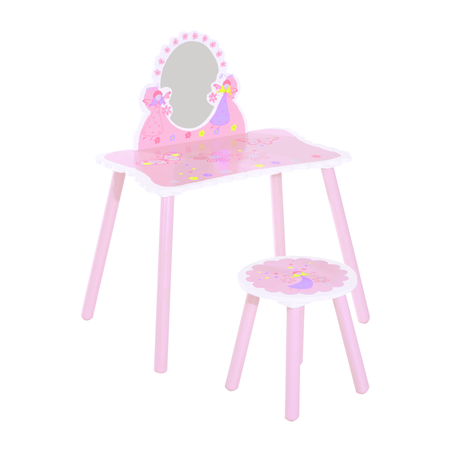 Kids Pink Fairy Vanity Set with Mirror & Stool, Discover the enchanting pink dressing table set, made with safe Pinewood and MDF, featuring a mirror and stool. Perfect vanity for your child's room!