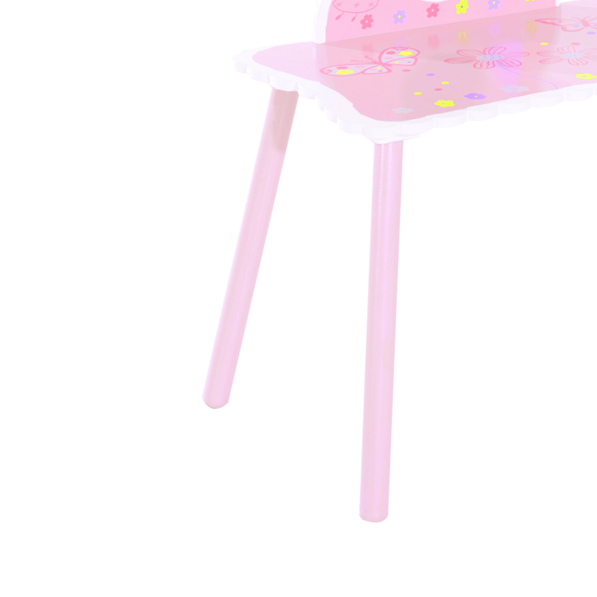 Kids Pink Fairy Vanity Set with Mirror & Stool, Discover the enchanting pink dressing table set, made with safe Pinewood and MDF, featuring a mirror and stool. Perfect vanity for your child's room!