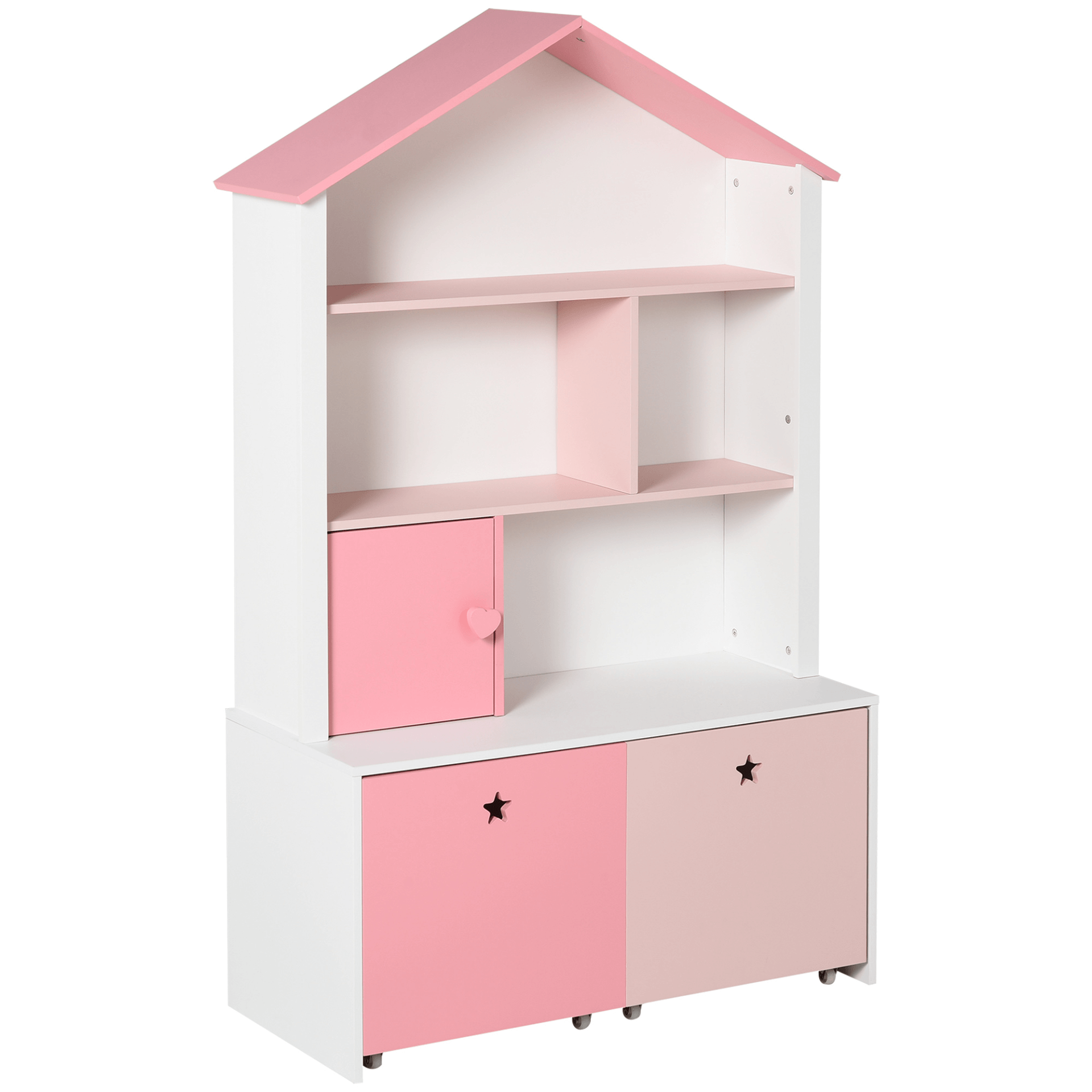 HOMCOM Kids Bookshelf Chest with Drawers & Wheels - Pink, Discover the versatile HOMCOM Kids Bookshelf in pink, a safe, fun storage solution for toys and books, featuring wheels and non-toxic materials.