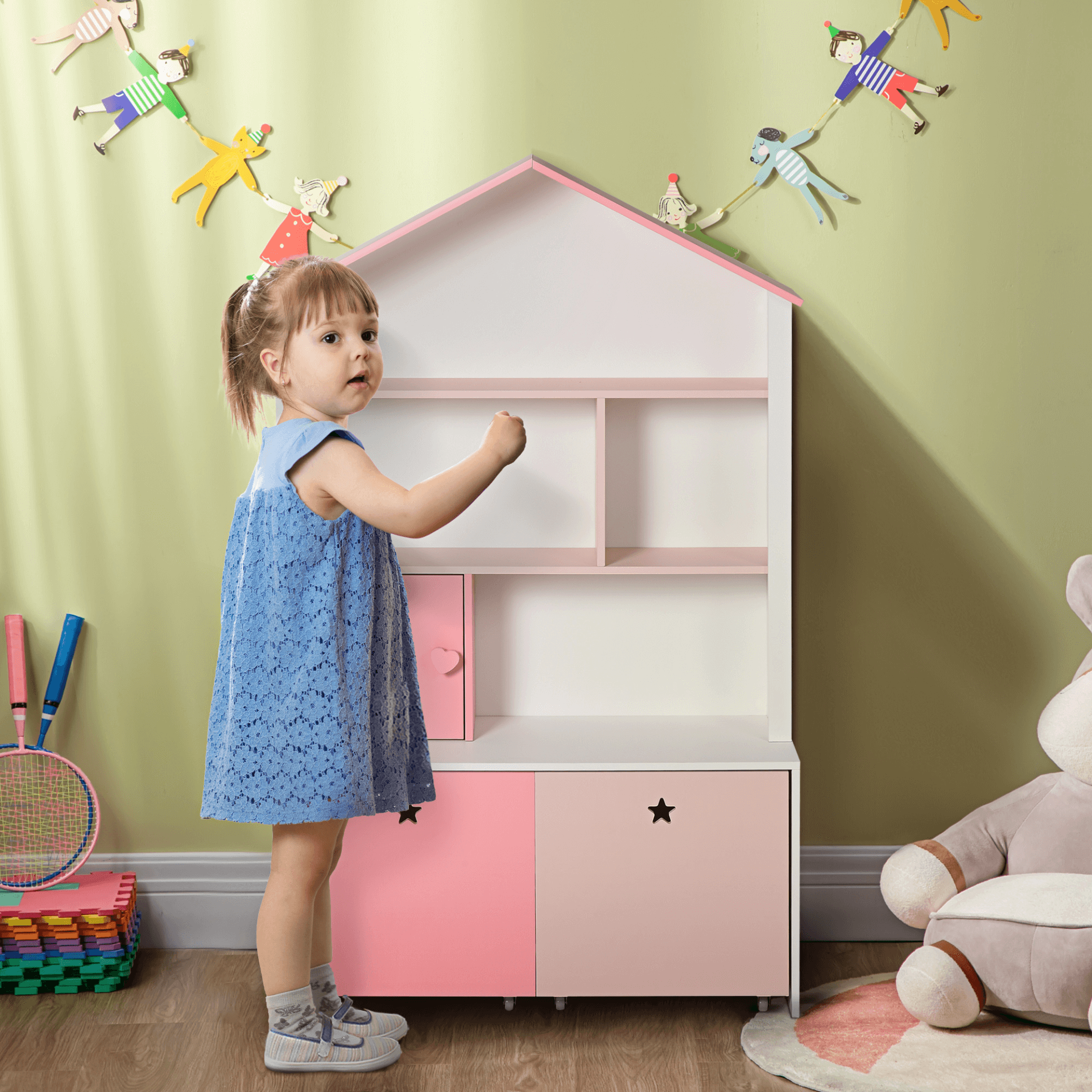 HOMCOM Kids Bookshelf Chest with Drawers & Wheels - Pink, Discover the versatile HOMCOM Kids Bookshelf in pink, a safe, fun storage solution for toys and books, featuring wheels and non-toxic materials.