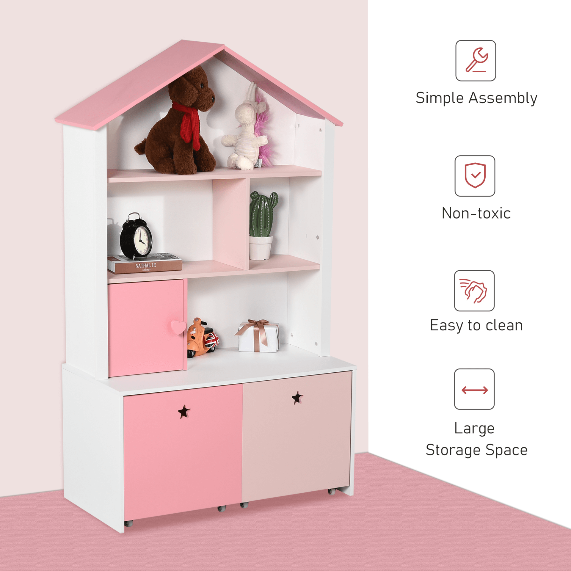 HOMCOM Kids Bookshelf Chest with Drawers & Wheels - Pink, Discover the versatile HOMCOM Kids Bookshelf in pink, a safe, fun storage solution for toys and books, featuring wheels and non-toxic materials.