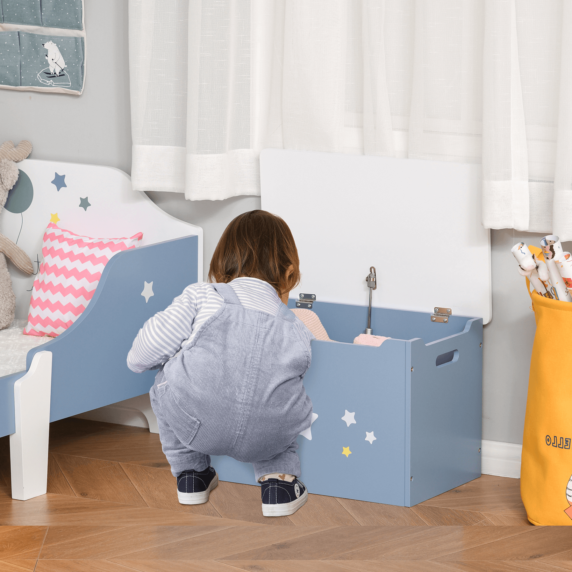 HOMCOM Kids Blue Wooden Toy Box Organizer, Colorful toy box with safety hinge, perfect for storing toys and books in bedrooms and playrooms. Keep your child's space organized!