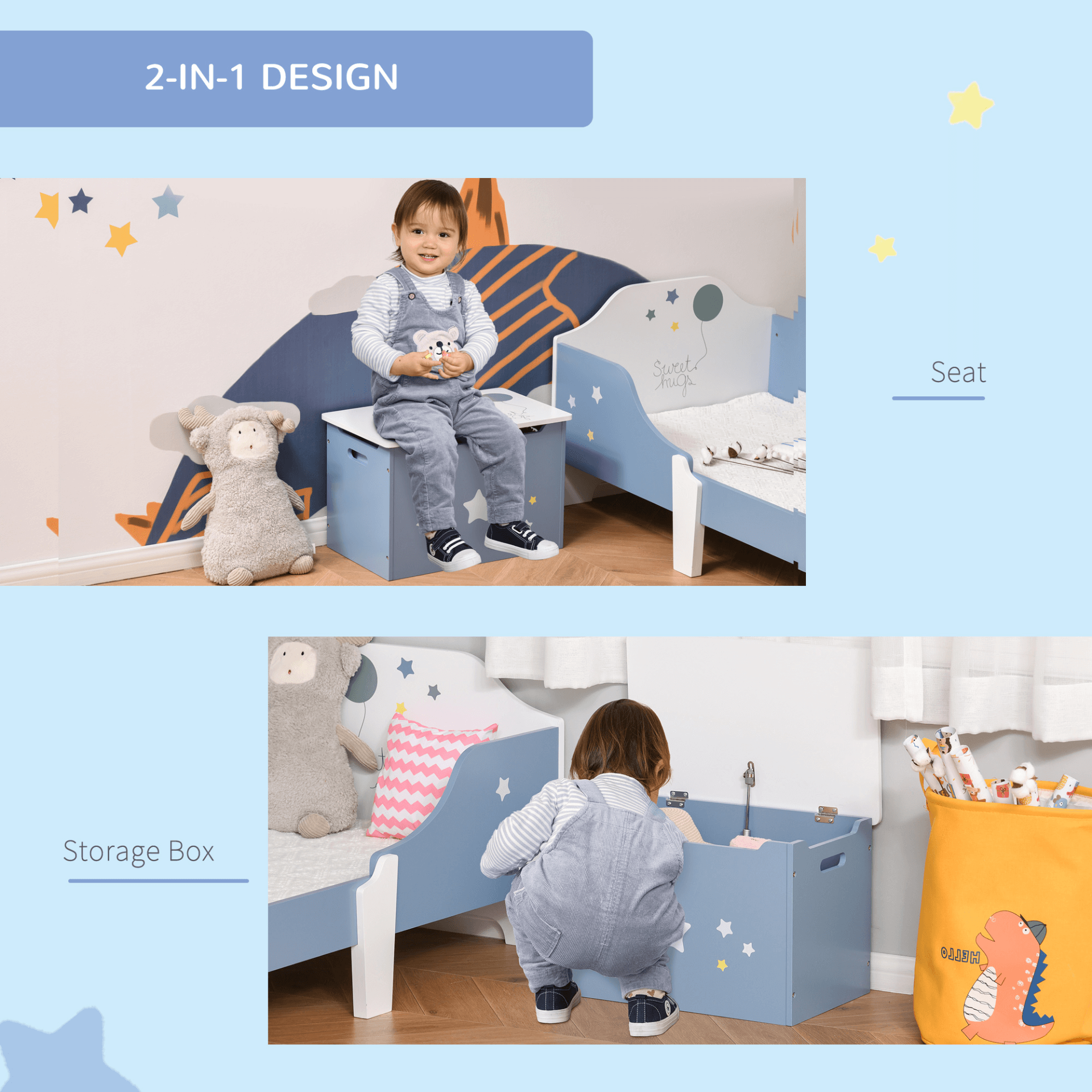 HOMCOM Kids Blue Wooden Toy Box Organizer, Colorful toy box with safety hinge, perfect for storing toys and books in bedrooms and playrooms. Keep your child's space organized!