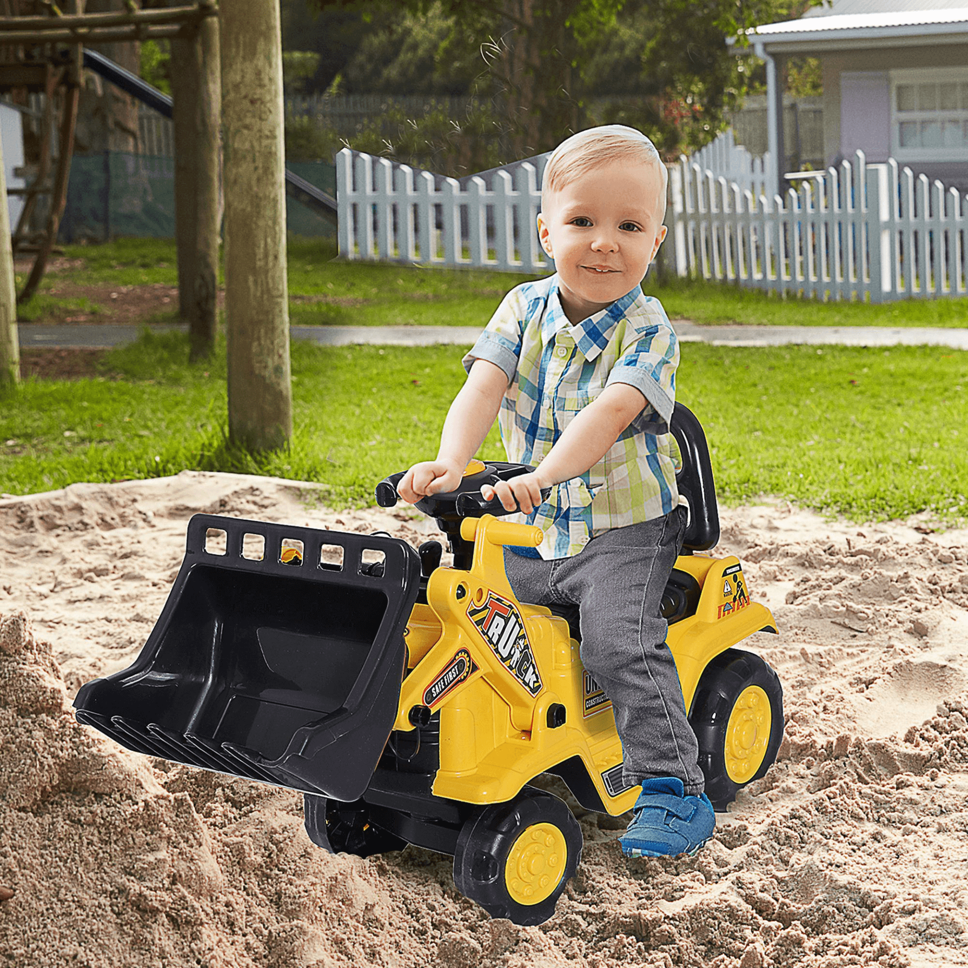 HOMCOM 3-in-1 Ride On Toy Bulldozer for Toddlers, Discover the HOMCOM 3-in-1 Bulldozer Toy – a scooter, storage cart, and pretend play truck for endless fun and development!