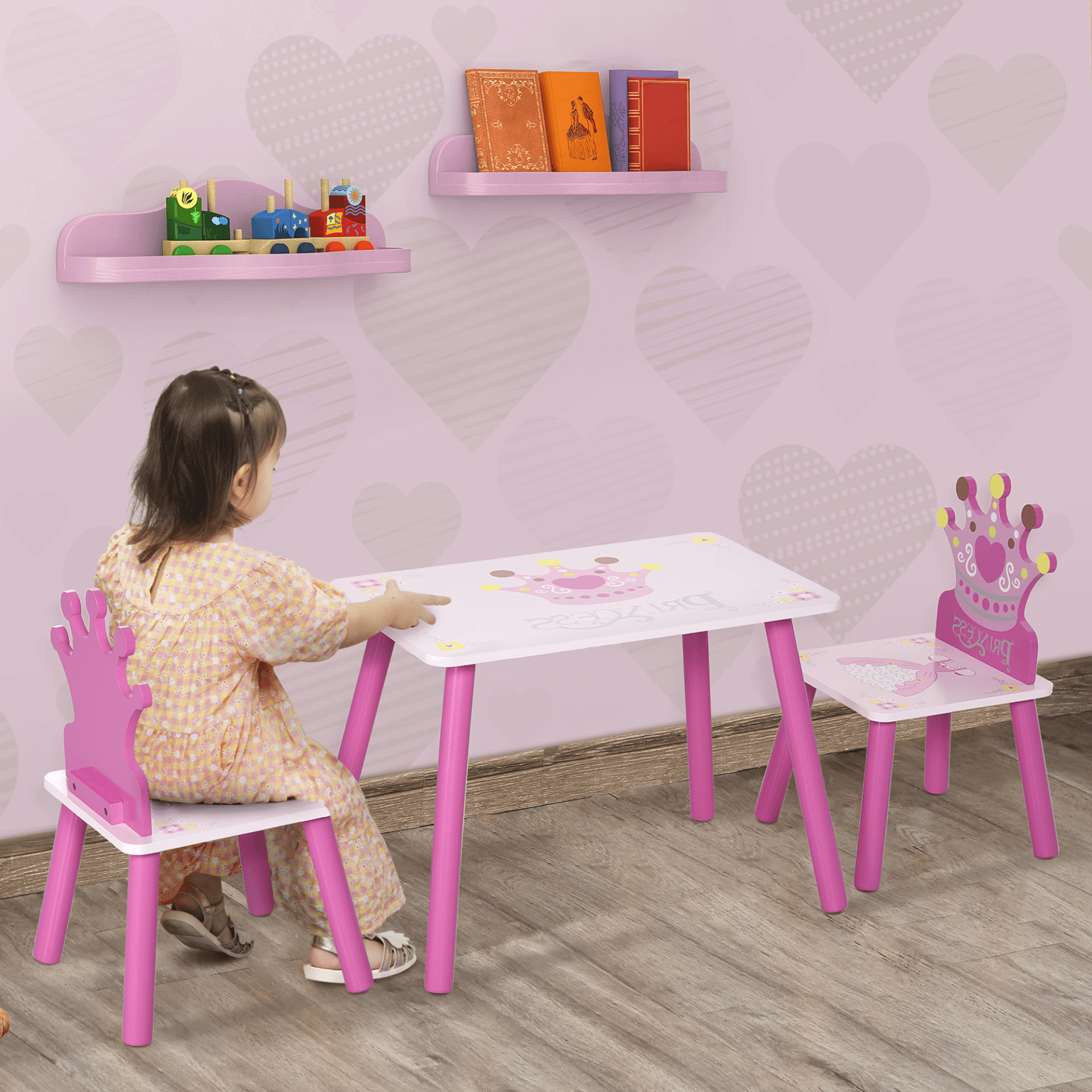 HOMCOM Princess & Crown Kids Table Set - 3-Piece Pink, Delight your little one with this safe and enchanting 3-piece pink table and chairs set, perfect for playdates and creative fun!