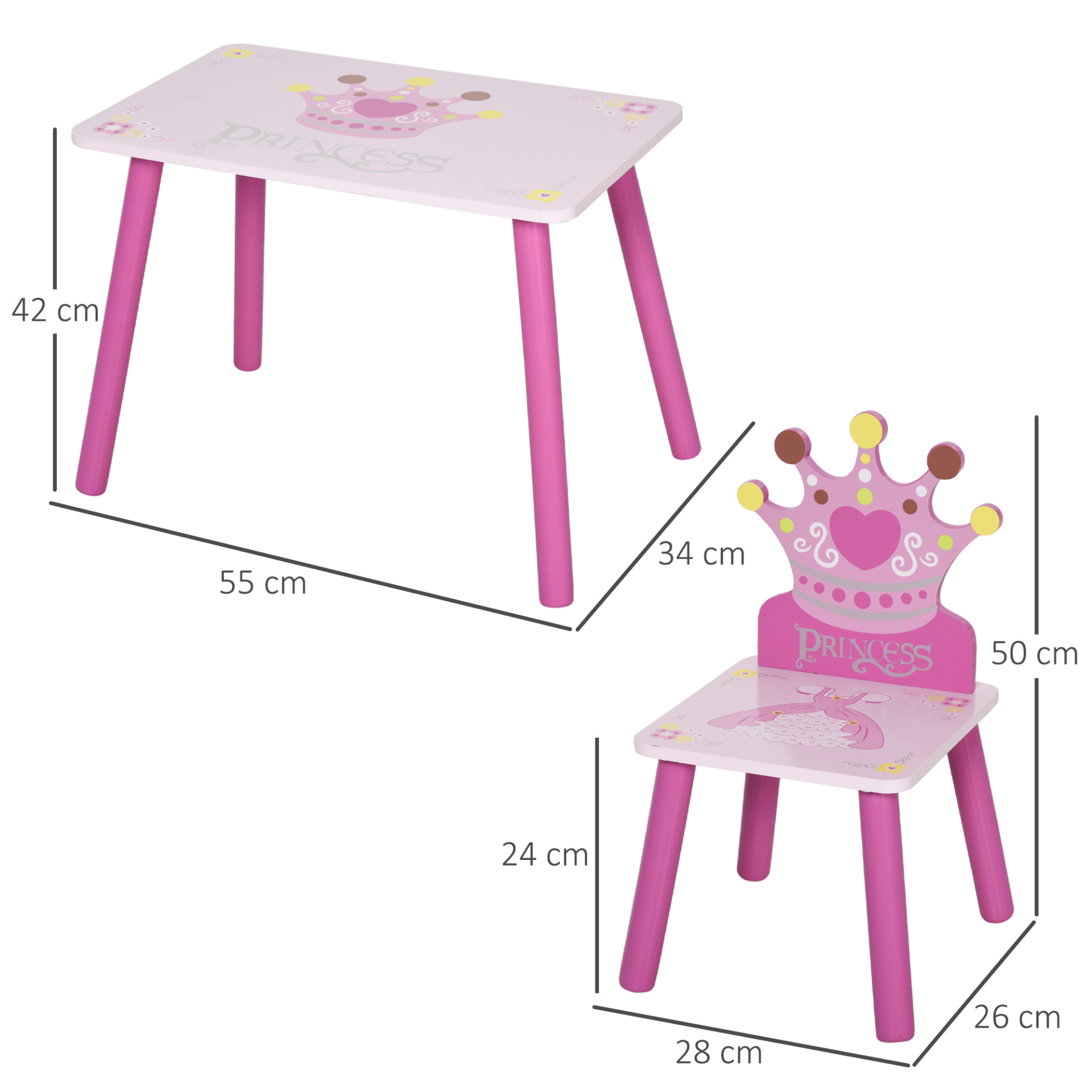 HOMCOM Princess & Crown Kids Table Set - 3-Piece Pink, Delight your little one with this safe and enchanting 3-piece pink table and chairs set, perfect for playdates and creative fun!