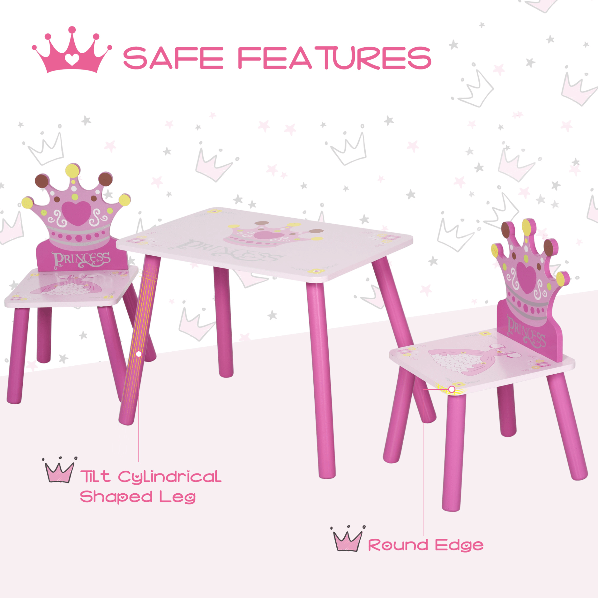 HOMCOM Princess & Crown Kids Table Set - 3-Piece Pink, Delight your little one with this safe and enchanting 3-piece pink table and chairs set, perfect for playdates and creative fun!