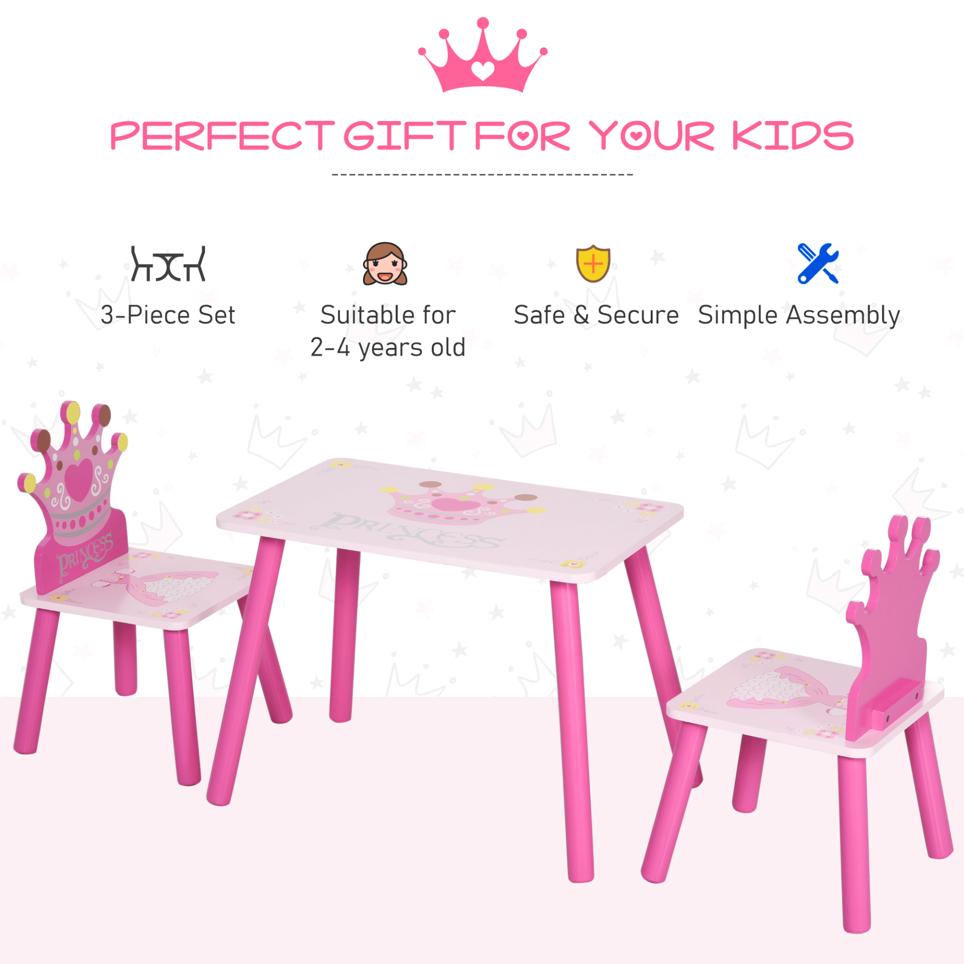 HOMCOM Princess & Crown Kids Table Set - 3-Piece Pink, Delight your little one with this safe and enchanting 3-piece pink table and chairs set, perfect for playdates and creative fun!