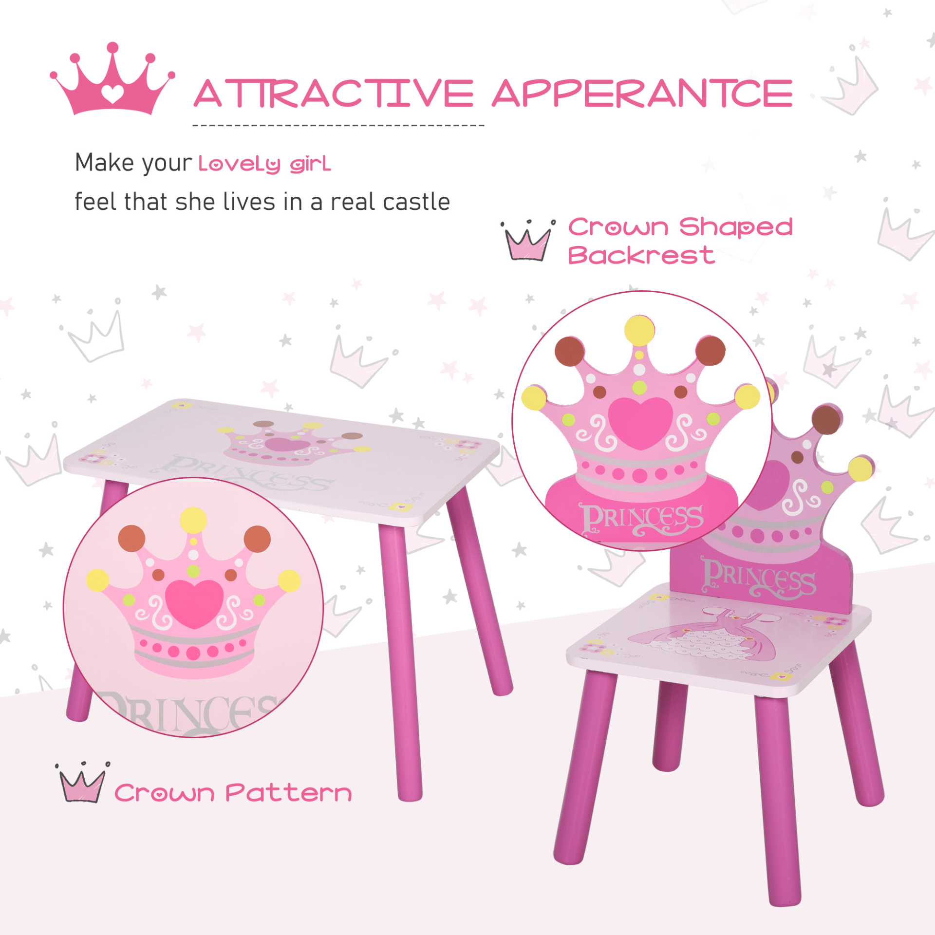 HOMCOM Princess & Crown Kids Table Set - 3-Piece Pink, Delight your little one with this safe and enchanting 3-piece pink table and chairs set, perfect for playdates and creative fun!