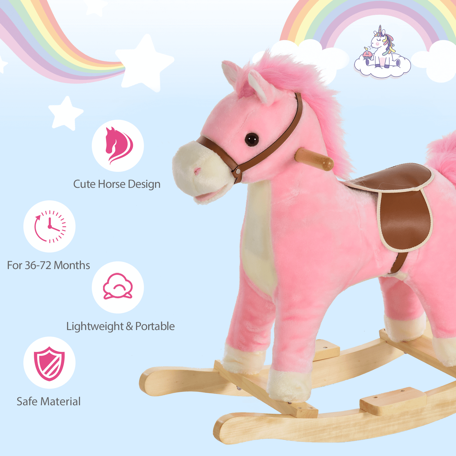 Kids Plush Rocking Horse with Sound and Movement, Pink, Interactive Kids Plush Rocking Horse with realistic sounds, moving mouth, and wagging tail. Perfect toy for children aged 36-72 months.