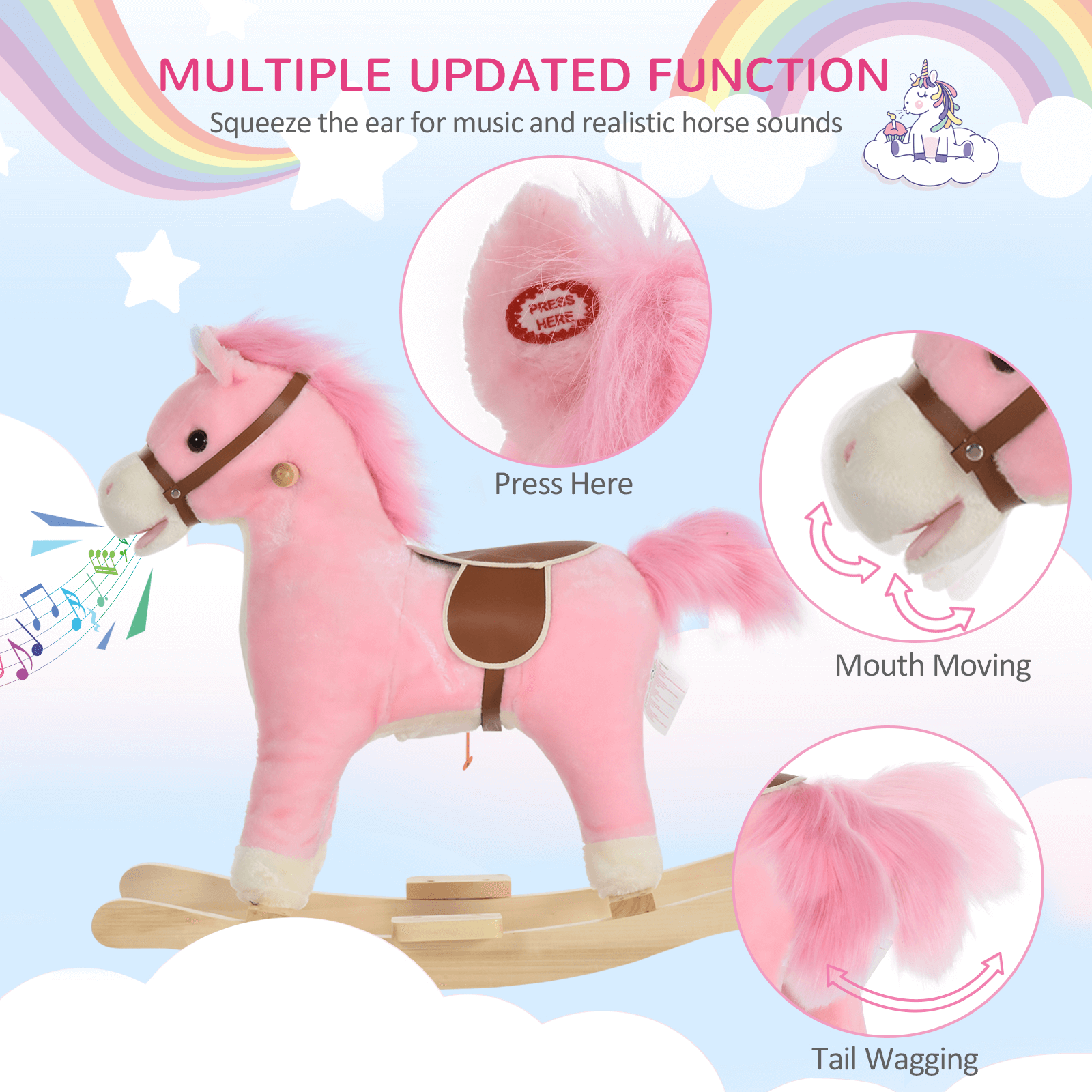 Kids Plush Rocking Horse with Sound and Movement, Pink, Interactive Kids Plush Rocking Horse with realistic sounds, moving mouth, and wagging tail. Perfect toy for children aged 36-72 months.