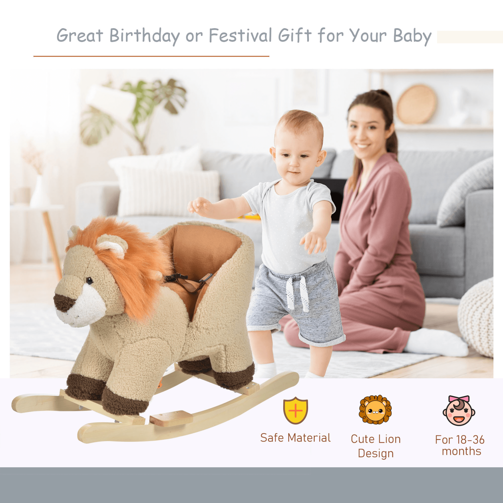 HOMCOM Kids Rocking Horse Lion - Plush Ride-On Toy, Ignite imagination with our plush lion rocking horse. Soft, safe, and fun for toddlers, with sound features and a sturdy wooden base.