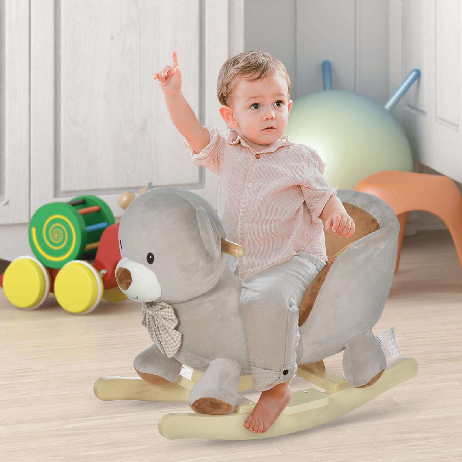 HOMCOM Kids Rocking Horse Plush Ride On Bear - Grey, Delight your toddler with the HOMCOM Rocking Horse Bear toy featuring a plush seat, safety belt, and playful sounds for endless fun!