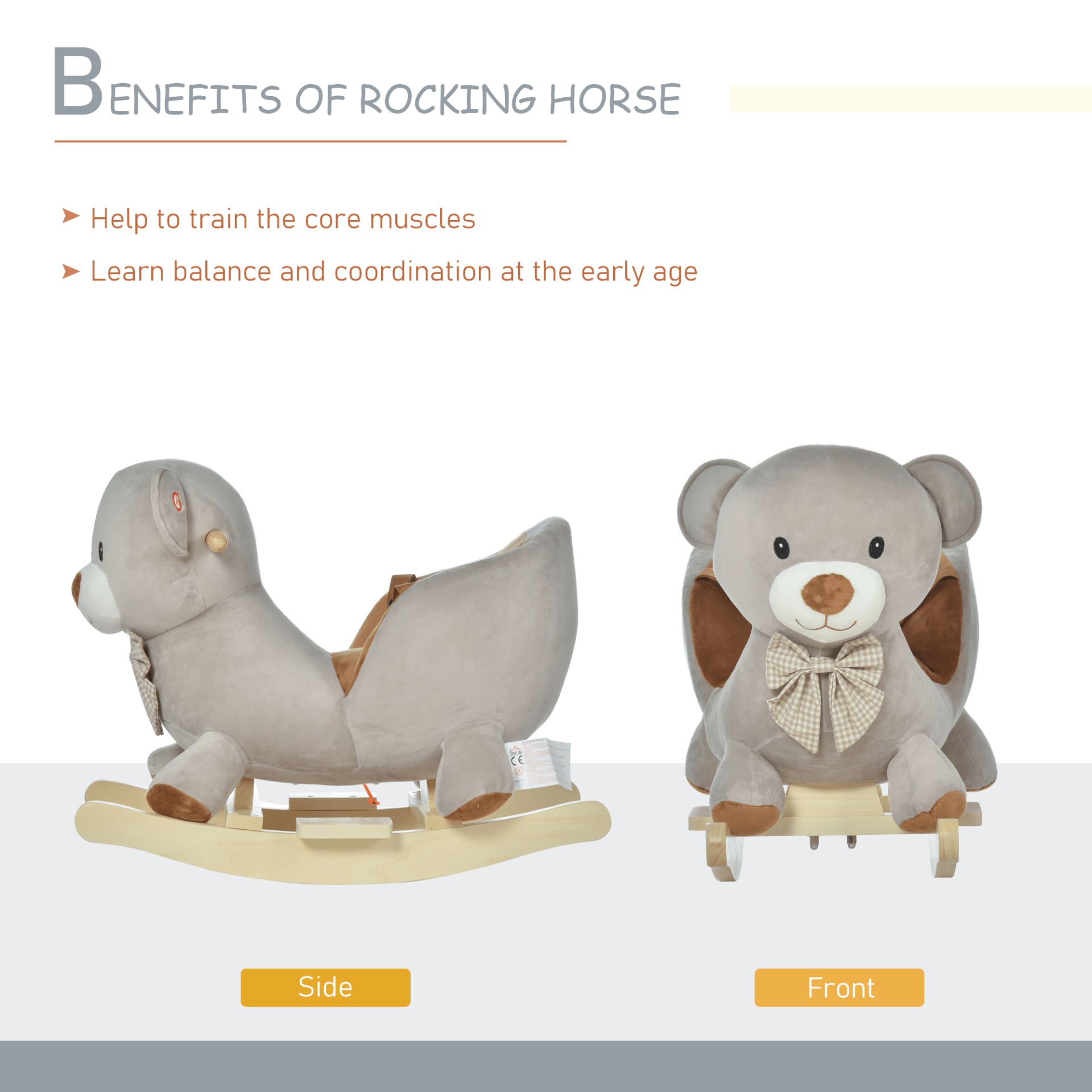 HOMCOM Kids Rocking Horse Plush Ride On Bear - Grey, Delight your toddler with the HOMCOM Rocking Horse Bear toy featuring a plush seat, safety belt, and playful sounds for endless fun!