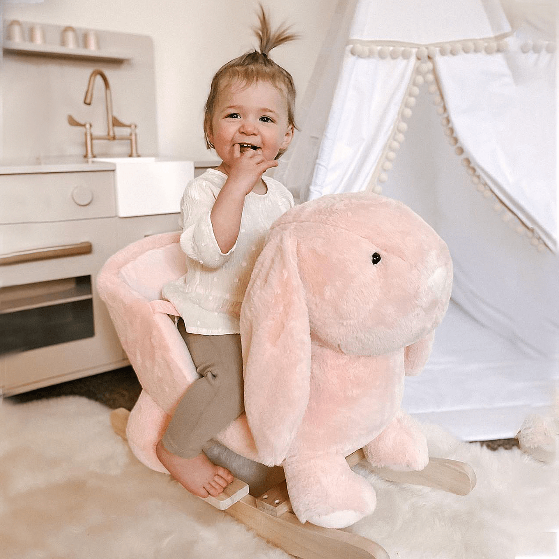 HOMCOM Kids Plush Rocking Horse - Rabbit Ride On Toy, Delight your child with the HOMCOM Kids Plush Rocking Horse. Adorable rabbit design with sounds and safety features for ages 18-36 months.