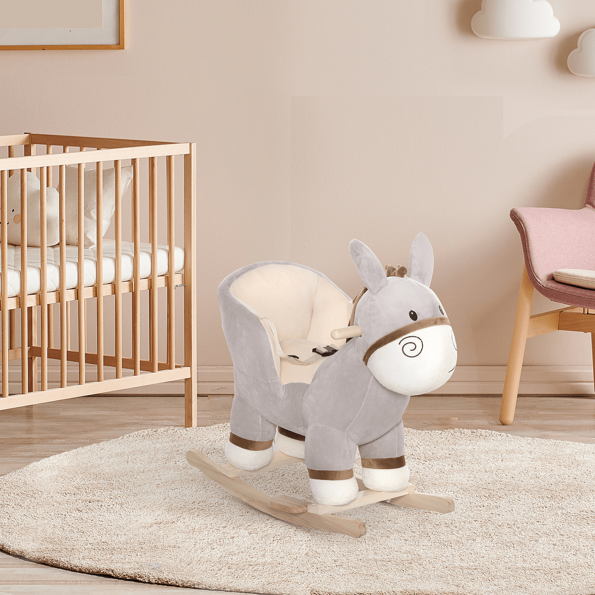 HOMCOM Plush Rocking Horse Donkey Ride-On Toy for Toddlers, Spark joy with the HOMCOM Plush Rocking Horse Donkey—features sound and safety belt, perfect for toddlers aged 18-36 months!