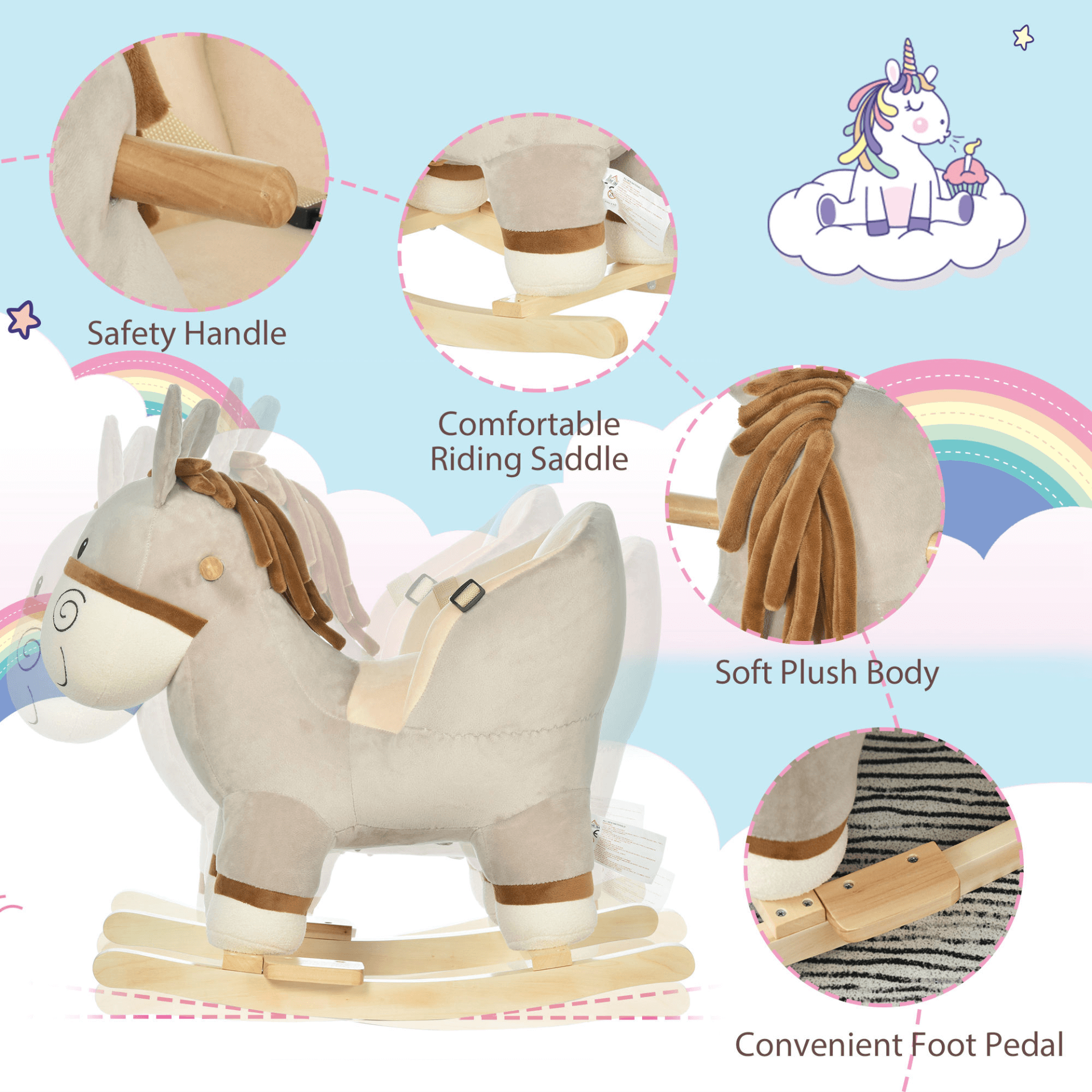 HOMCOM Plush Rocking Horse Donkey Ride-On Toy for Toddlers, Spark joy with the HOMCOM Plush Rocking Horse Donkey—features sound and safety belt, perfect for toddlers aged 18-36 months!