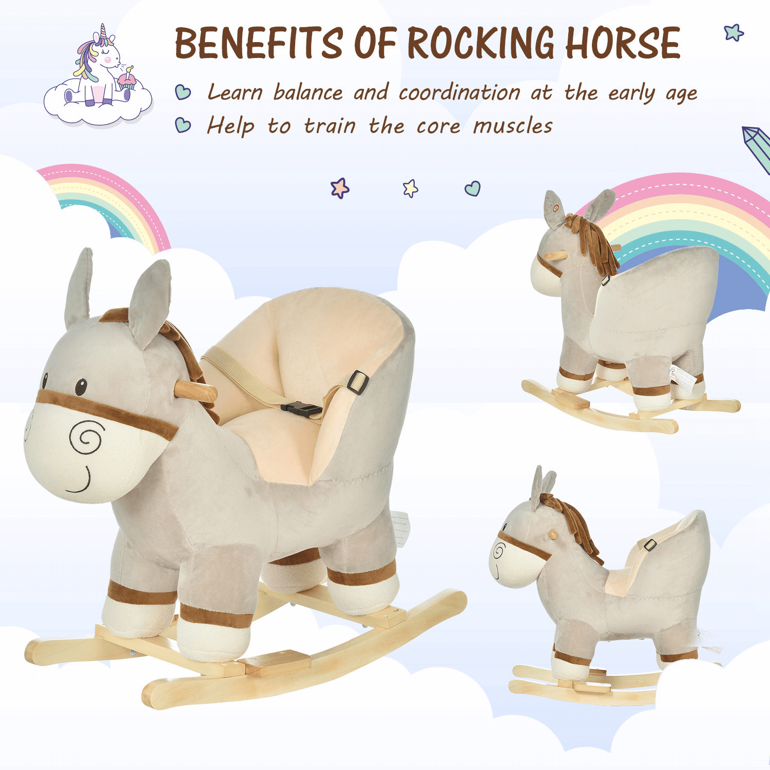 HOMCOM Plush Rocking Horse Donkey Ride-On Toy for Toddlers, Spark joy with the HOMCOM Plush Rocking Horse Donkey—features sound and safety belt, perfect for toddlers aged 18-36 months!