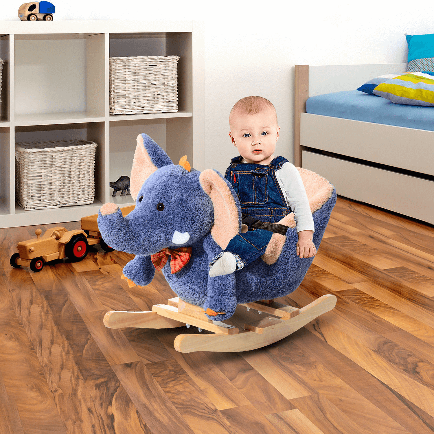 Plush Elephant Rocking Horse Toy with Sound | Blue, Delight your toddler with a plush elephant rocker that plays 32 nursery rhymes. Safe, comfy, and perfect as a gift for kids.