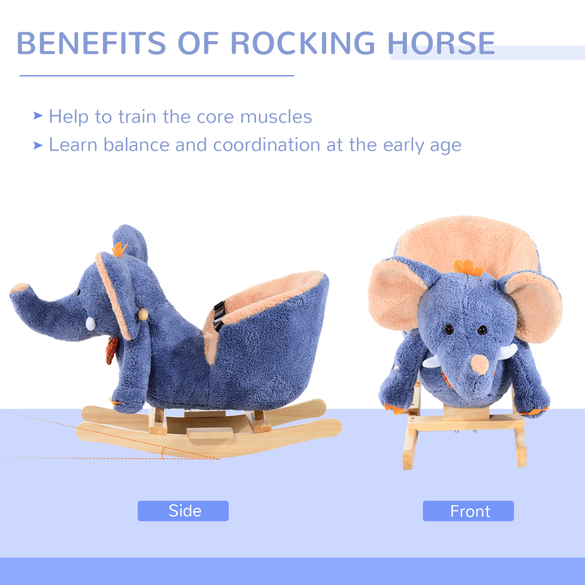 Plush Elephant Rocking Horse Toy with Sound | Blue, Delight your toddler with a plush elephant rocker that plays 32 nursery rhymes. Safe, comfy, and perfect as a gift for kids.