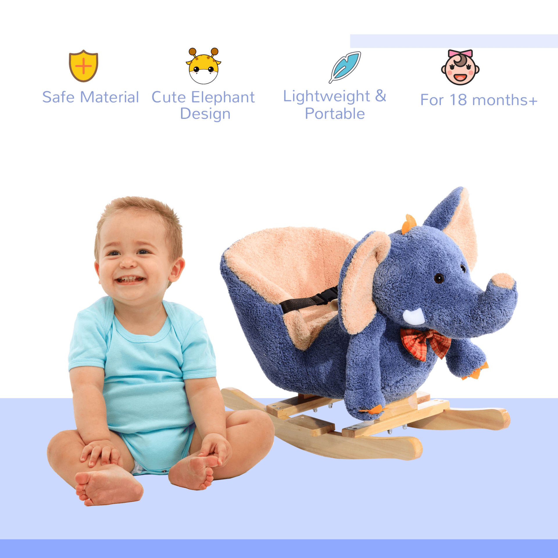 Plush Elephant Rocking Horse Toy with Sound | Blue, Delight your toddler with a plush elephant rocker that plays 32 nursery rhymes. Safe, comfy, and perfect as a gift for kids.