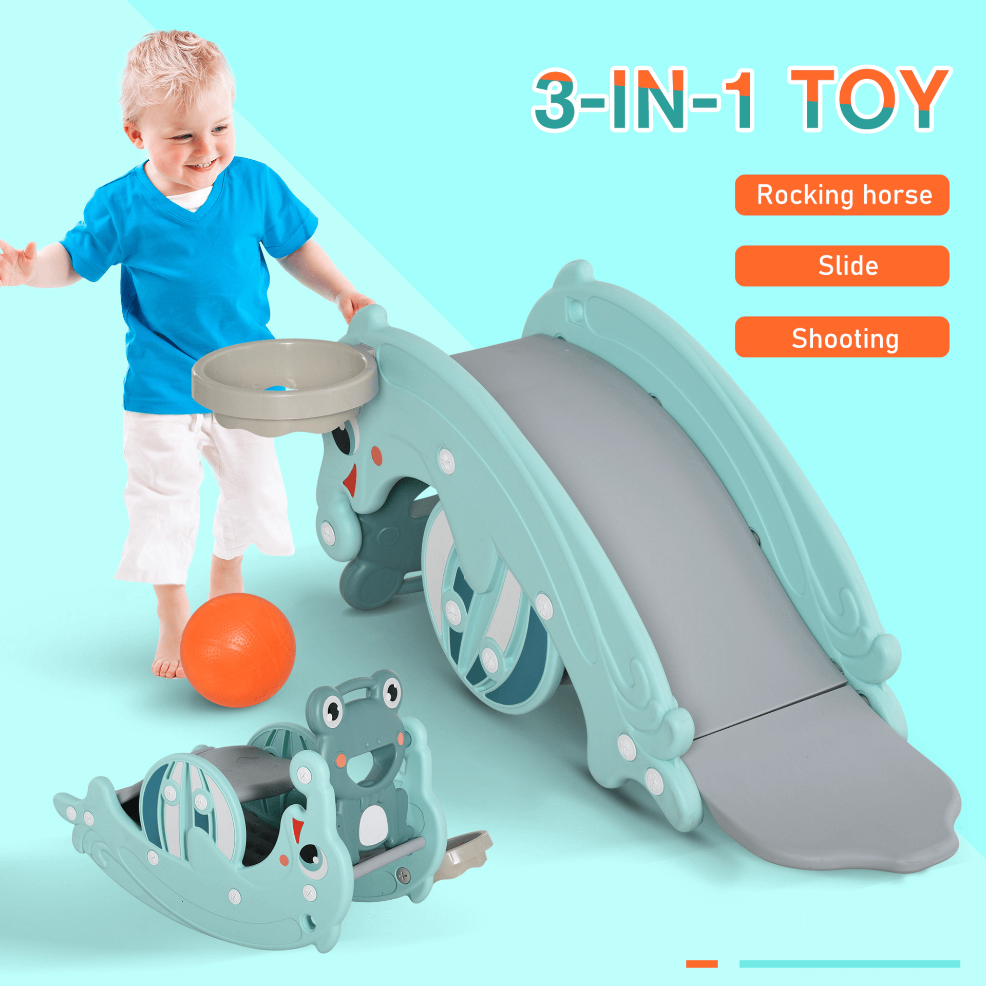 3-in-1 Baby Rocking Horse, Slide & Hoop Toy for Kids, Safe, fun, and versatile 3-in-1 playset for kids aged 3-5. Includes a rocking horse, portable slide, and basketball hoop. Perfect for indoor and outdoor play.