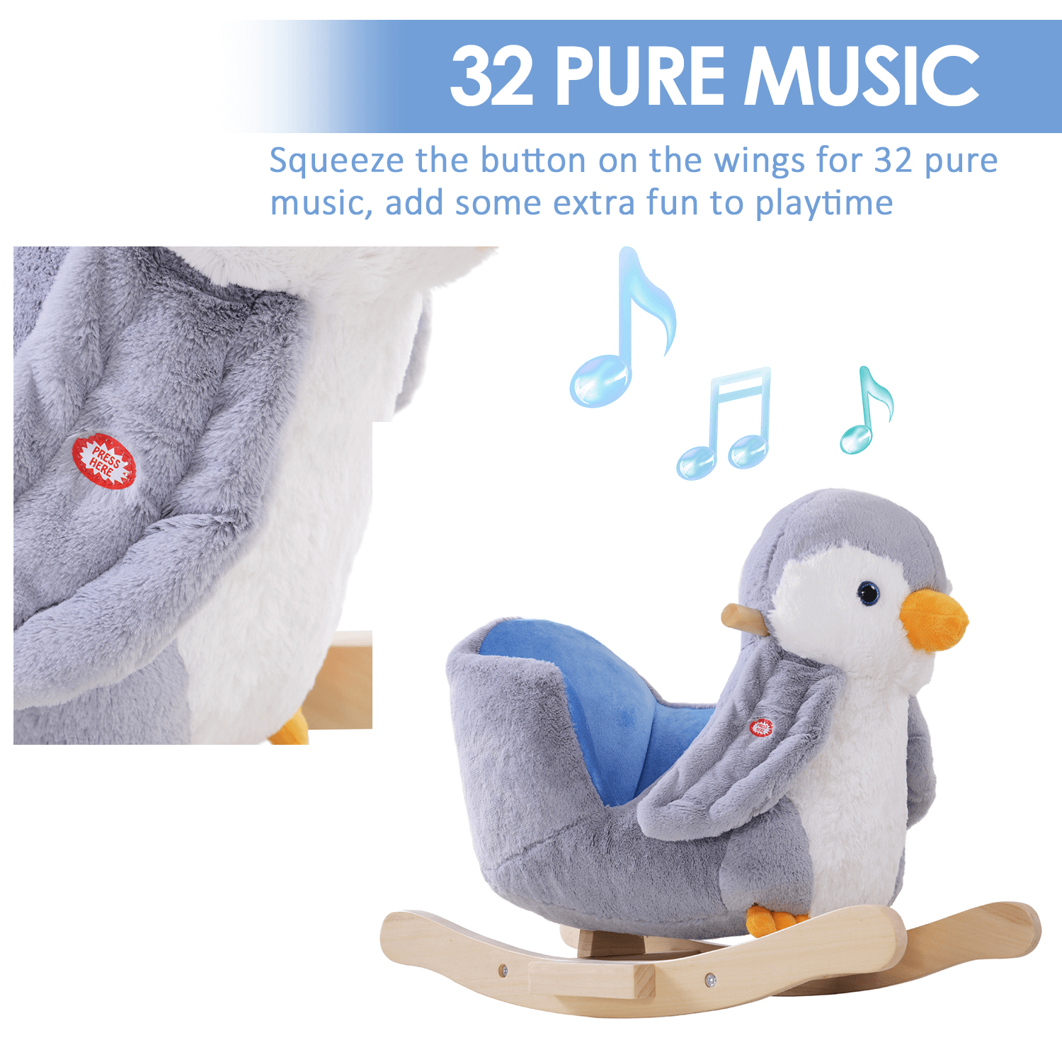 Penguin Rocking Horse - Plush, Musical Fun, Delight your toddler with a soft, musical Penguin Rocking Horse featuring 32 songs. Perfect for endless fun and safe adventures!