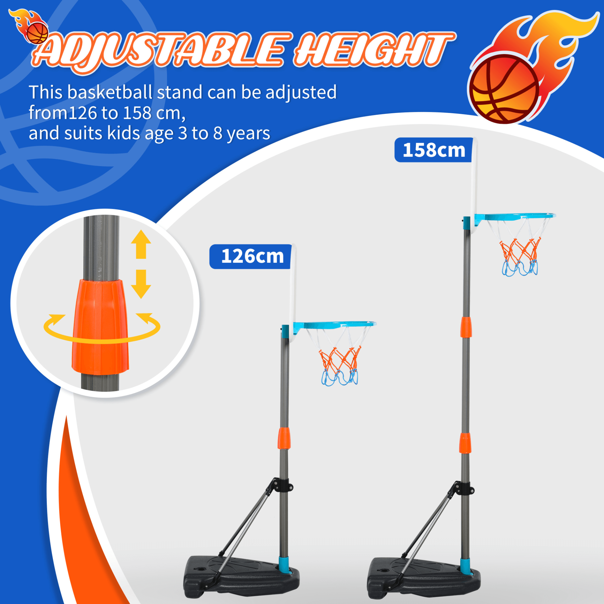 HOMCOM Adjustable Kids Basketball Hoop Set, Complete playset for ages 3-8. Adjustable hoop height, sturdy backboard, and includes ball & pump for indoor/outdoor fun!