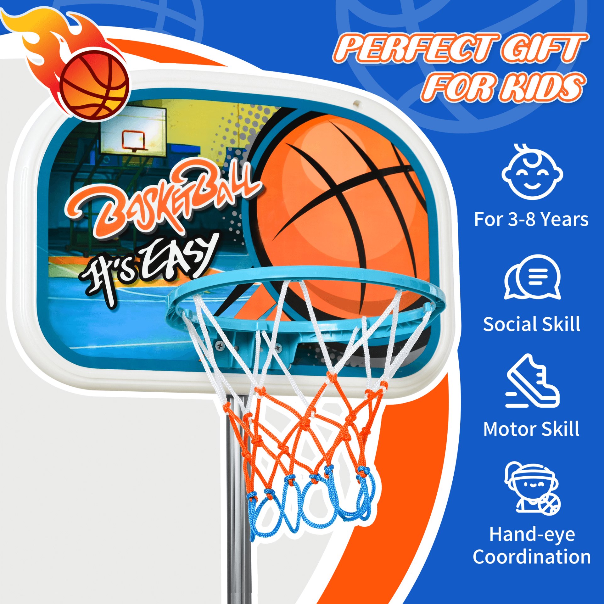 HOMCOM Adjustable Kids Basketball Hoop Set, Complete playset for ages 3-8. Adjustable hoop height, sturdy backboard, and includes ball & pump for indoor/outdoor fun!