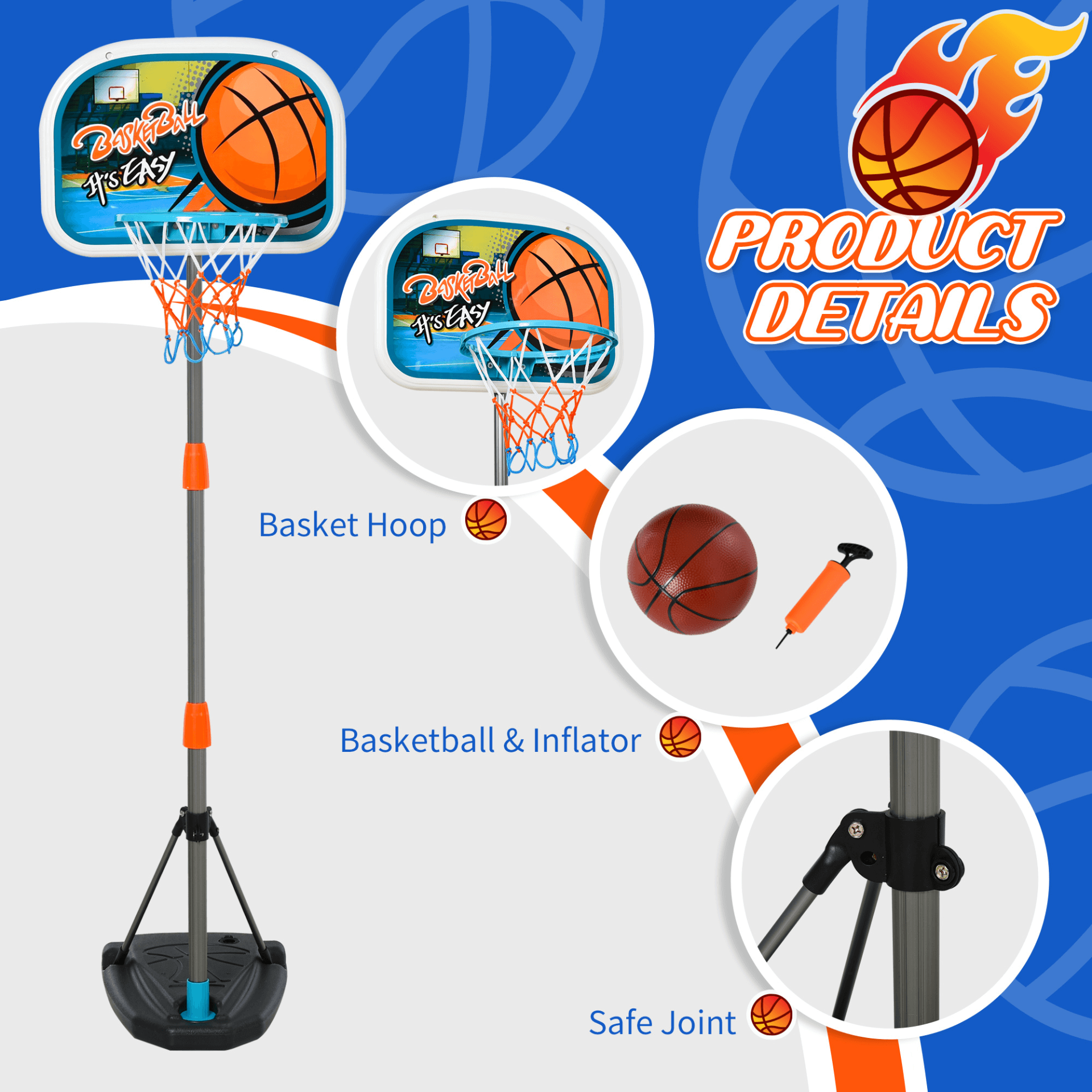 HOMCOM Adjustable Kids Basketball Hoop Set, Complete playset for ages 3-8. Adjustable hoop height, sturdy backboard, and includes ball & pump for indoor/outdoor fun!