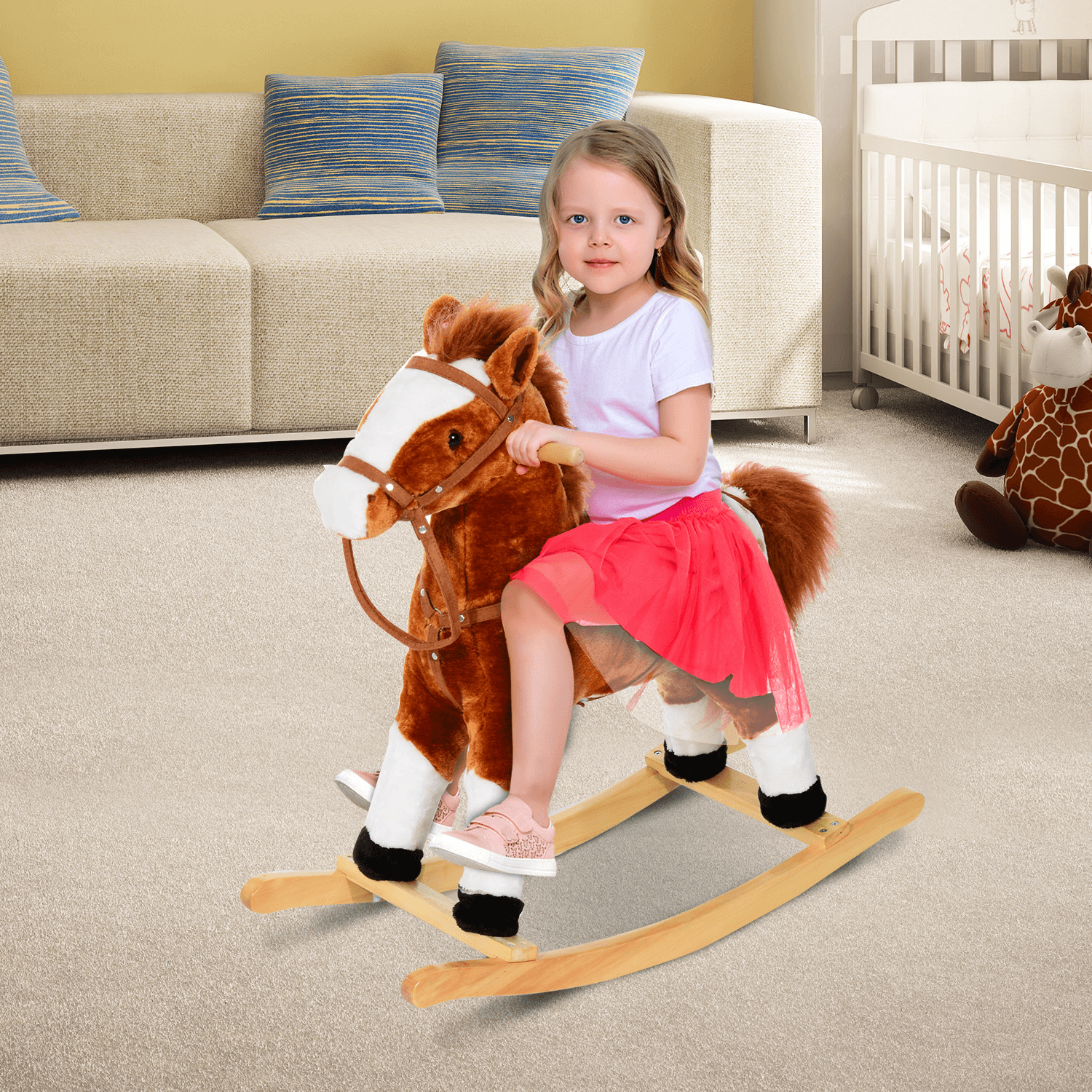 Kids Plush Rocking Horse - Real Sounds & Safe Grip, Delight your child with a plush rocking horse that features realistic sounds and a cuddly, secure design. Perfect gift for imaginative play!