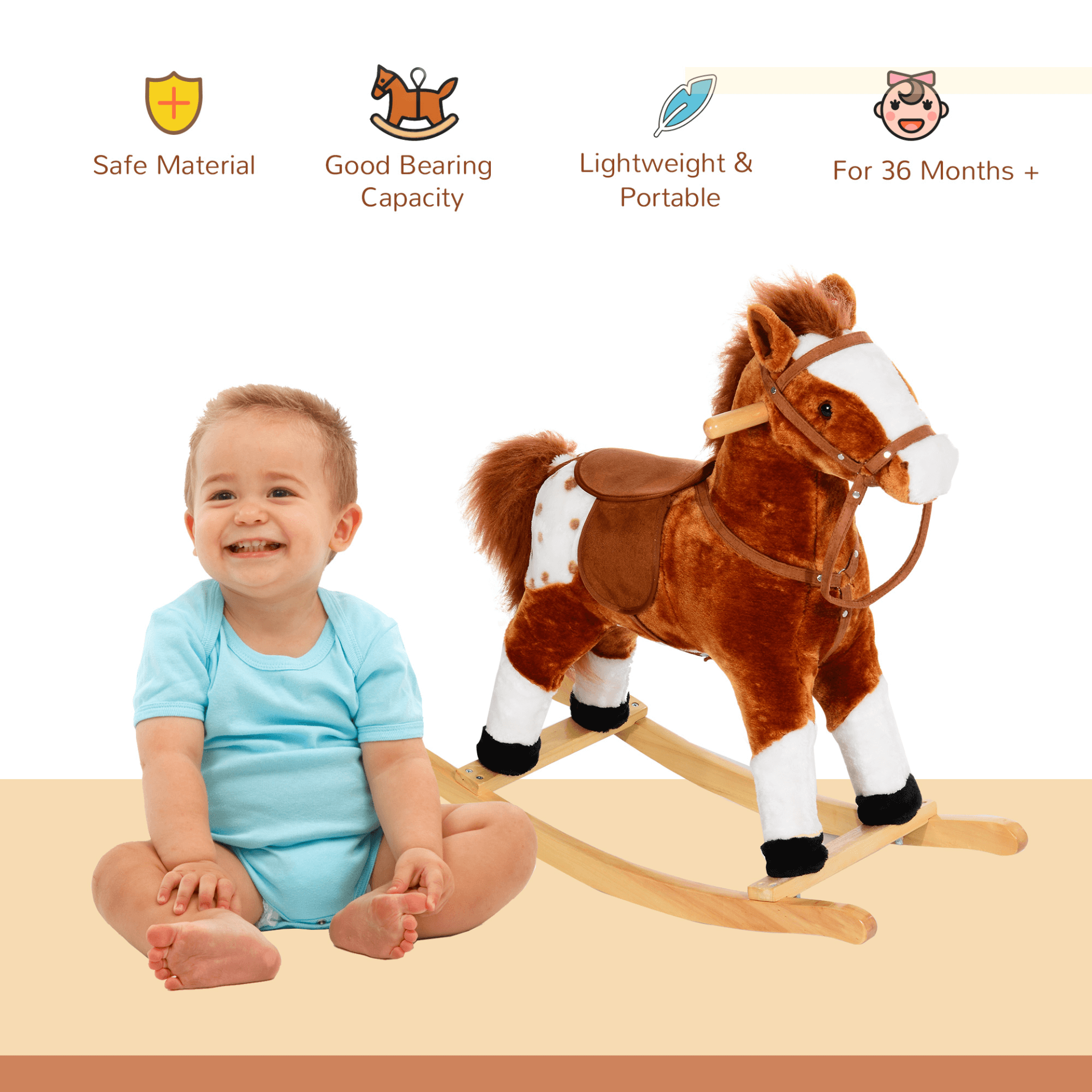 Kids Plush Rocking Horse - Real Sounds & Safe Grip, Delight your child with a plush rocking horse that features realistic sounds and a cuddly, secure design. Perfect gift for imaginative play!