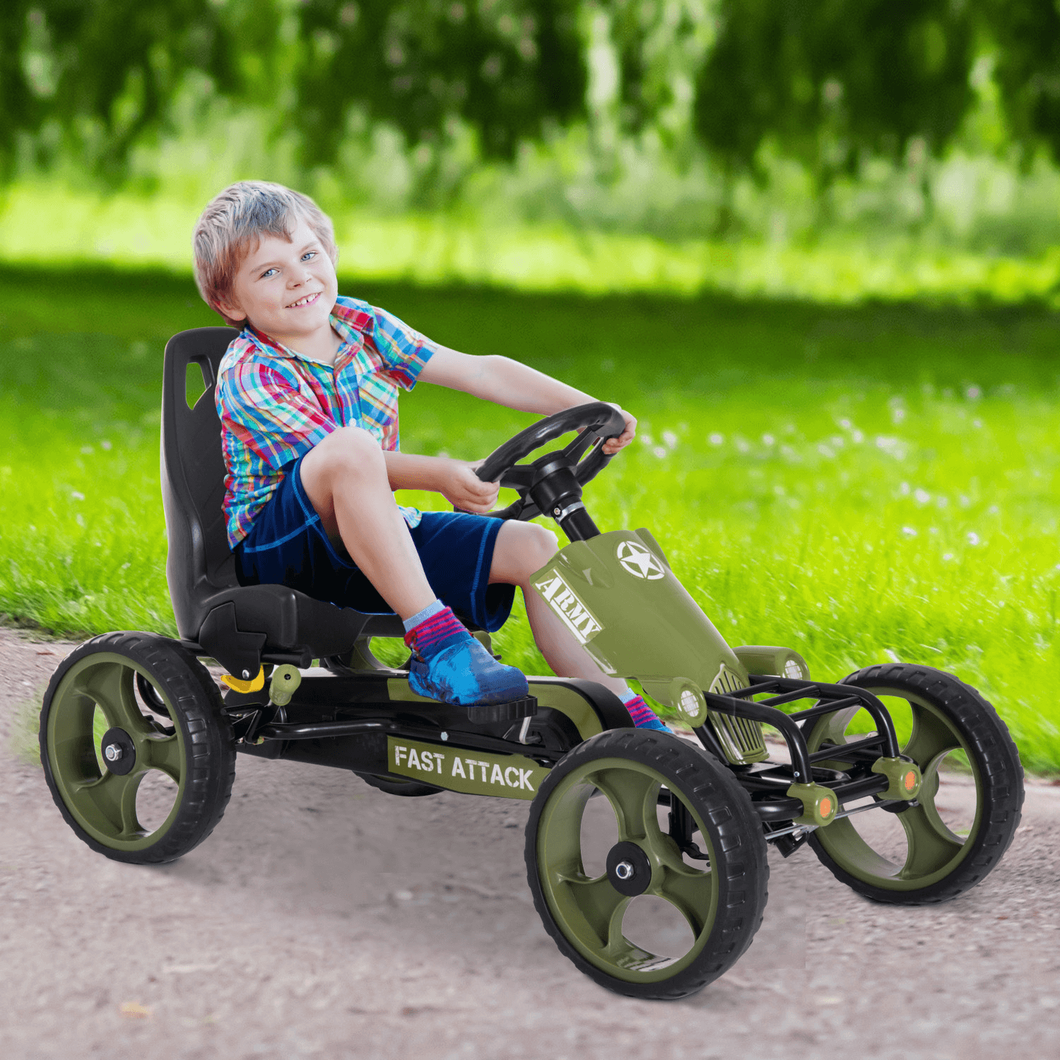 Kids Pedal Go Kart with Brakes - Green, Unleash racing fun for kids with a pedal go-kart featuring a braking system and adjustable seat. Ignite adventure today!