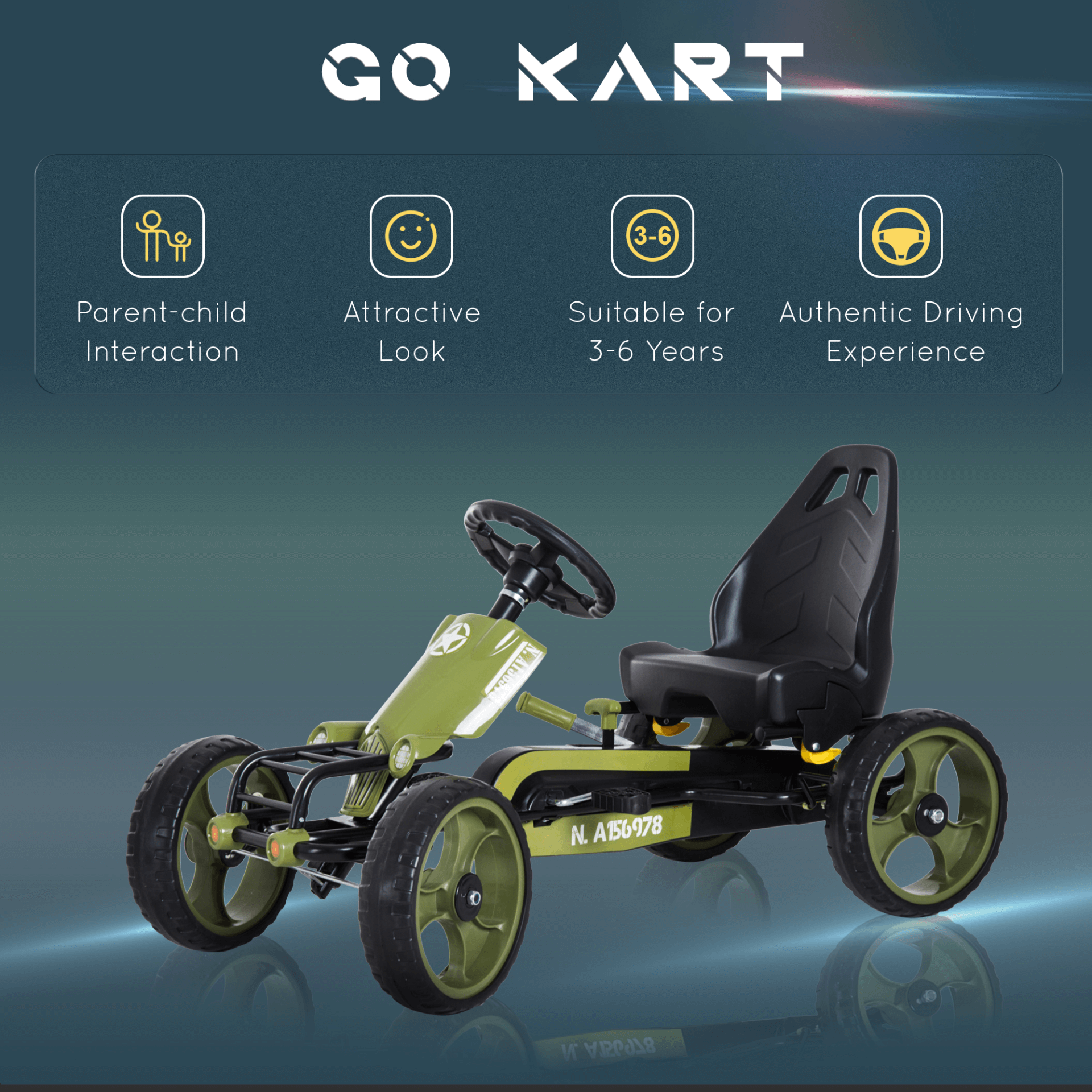 Kids Pedal Go Kart with Brakes - Green, Unleash racing fun for kids with a pedal go-kart featuring a braking system and adjustable seat. Ignite adventure today!