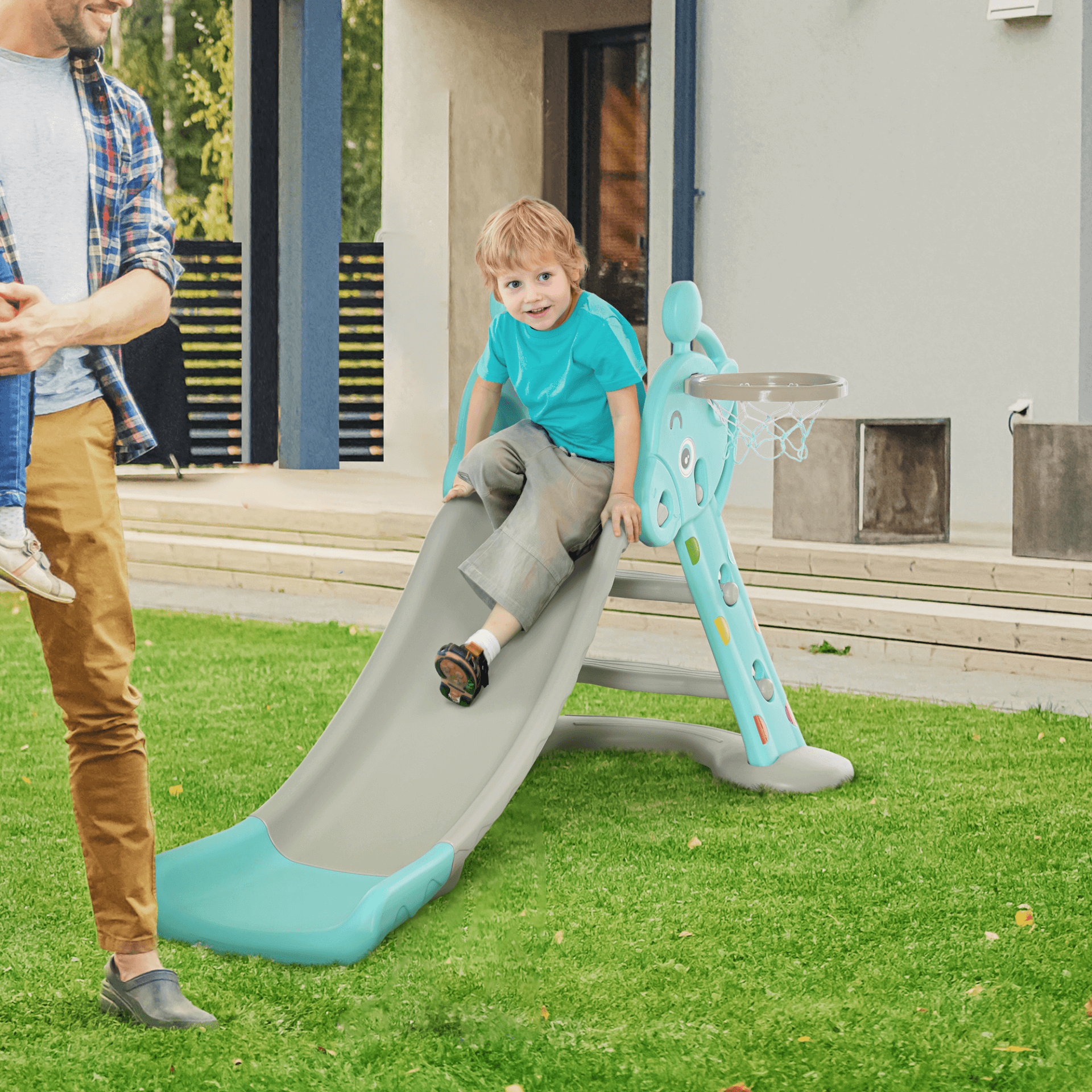 2-in-1 Kids Slide with Basketball Hoop - Blue Playset, Deer-shaped toddler playset for indoor/outdoor use. Enhances motor skills and promotes healthy activity with wear-resistant, non-toxic material.