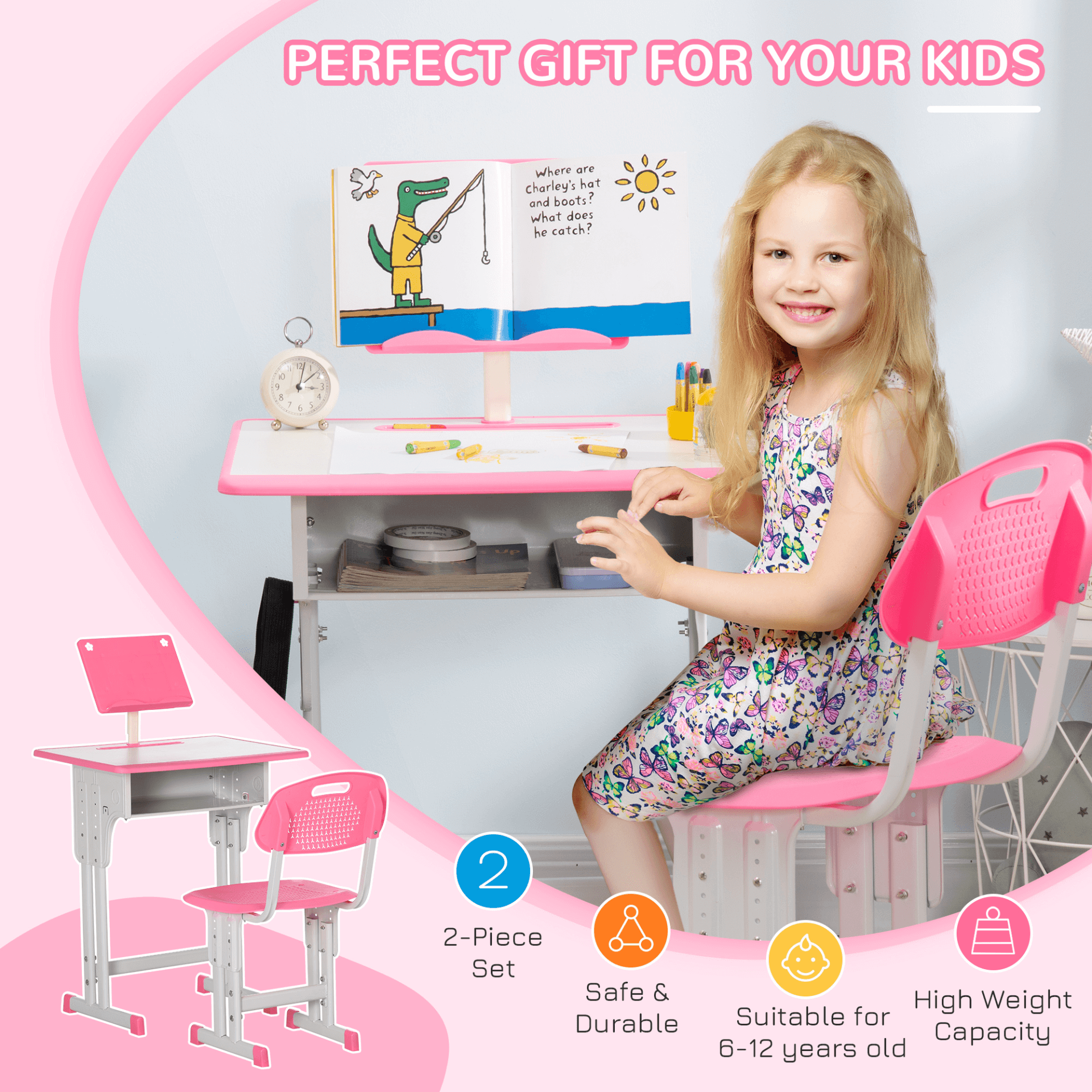 HOMCOM Adjustable Kids Desk & Chair Set - Pink, Transform your child's study space with this adjustable desk and chair set, perfect for ages 6-12, featuring a drawer and cup holder.