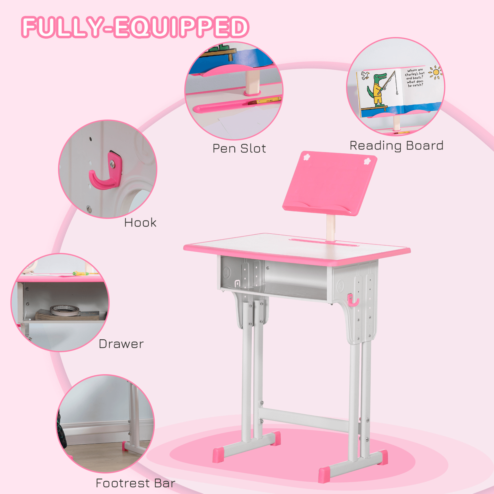 HOMCOM Adjustable Kids Desk & Chair Set - Pink, Transform your child's study space with this adjustable desk and chair set, perfect for ages 6-12, featuring a drawer and cup holder.