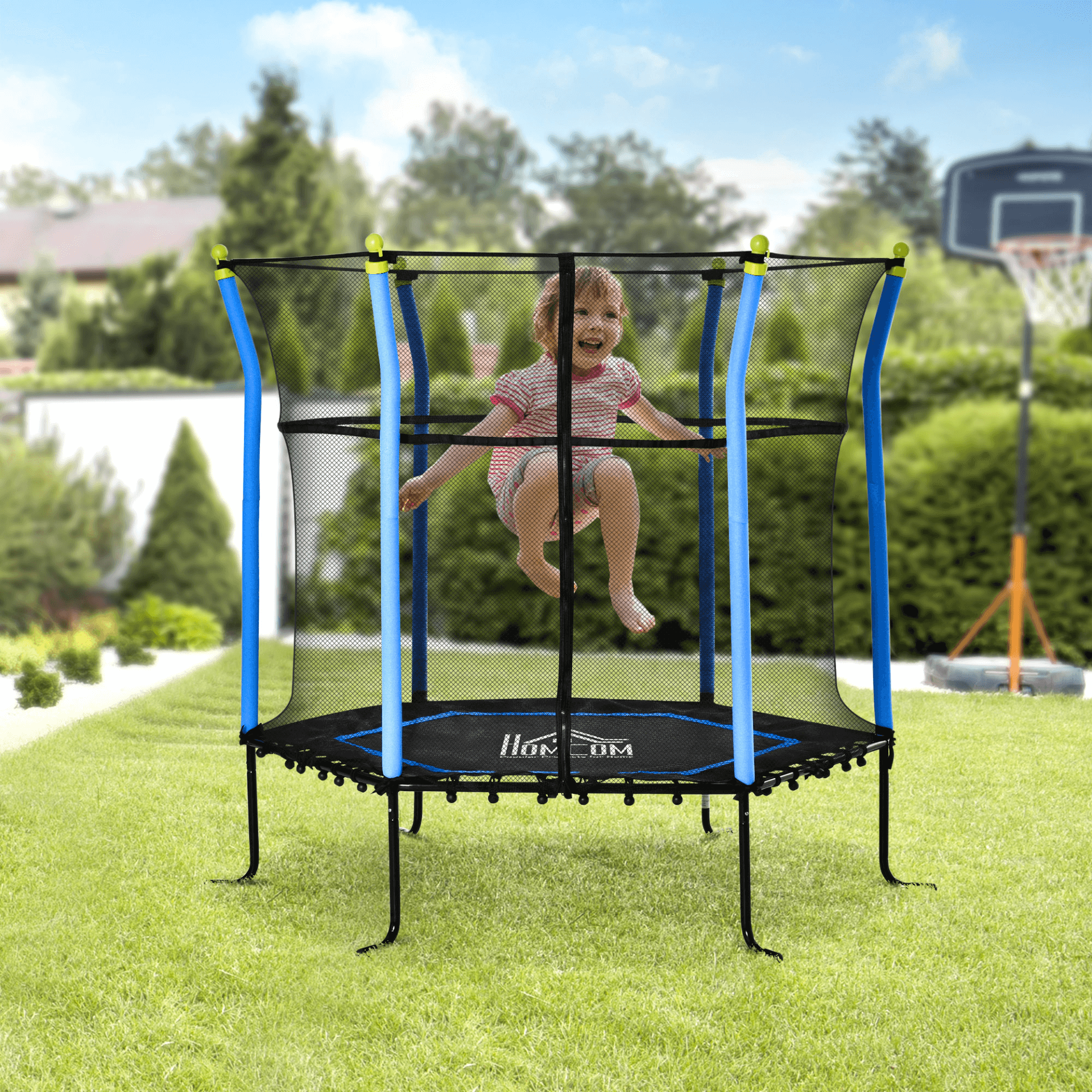 5.2FT Kids Trampoline with Safety Net, Ideal for Ages 3-10, Keep kids safe and active with the durable 5.2FT trampoline. Great for indoor & outdoor fun. Perfect for toddlers aged 3-10. Blue color, net door included.