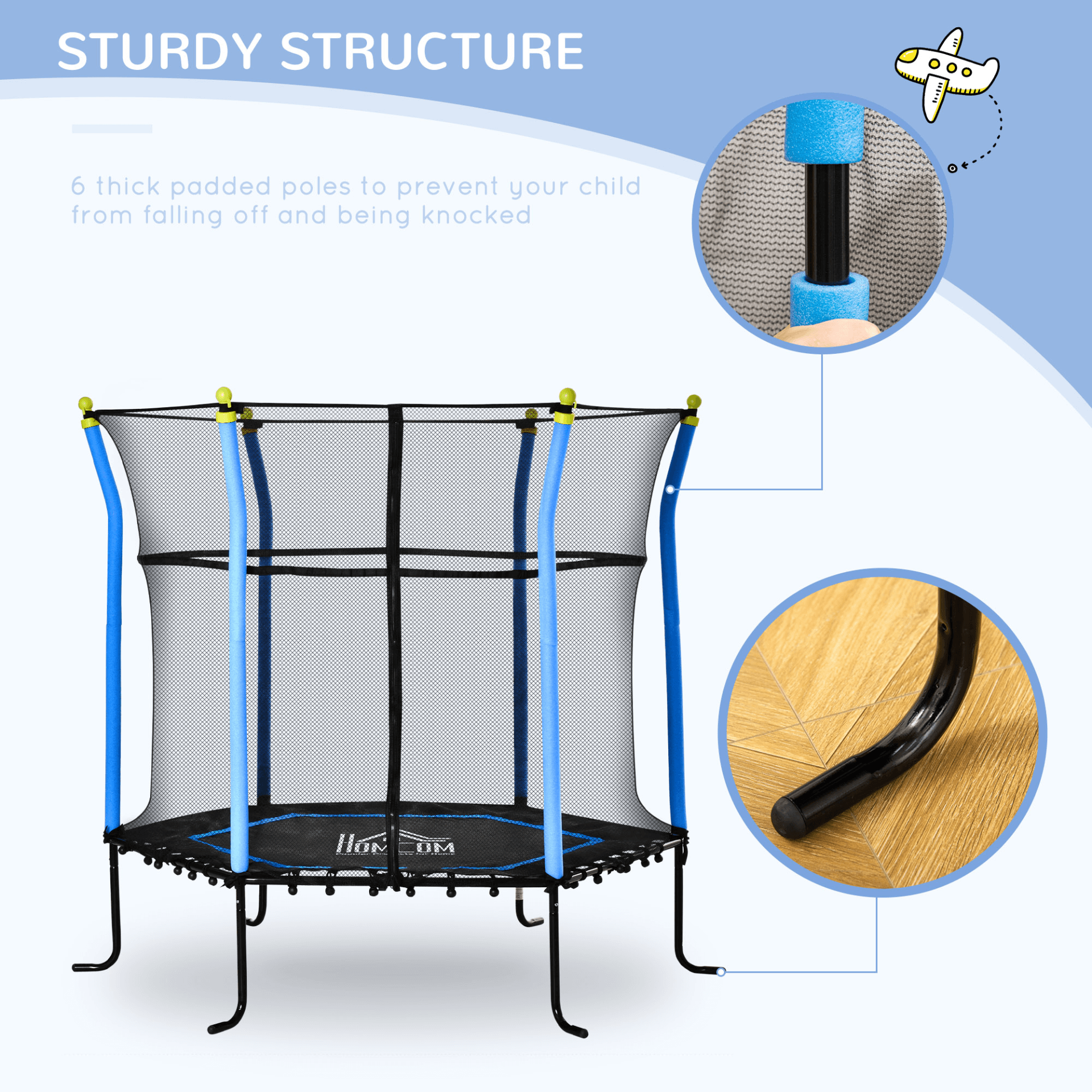 5.2FT Kids Trampoline with Safety Net, Ideal for Ages 3-10, Keep kids safe and active with the durable 5.2FT trampoline. Great for indoor & outdoor fun. Perfect for toddlers aged 3-10. Blue color, net door included.