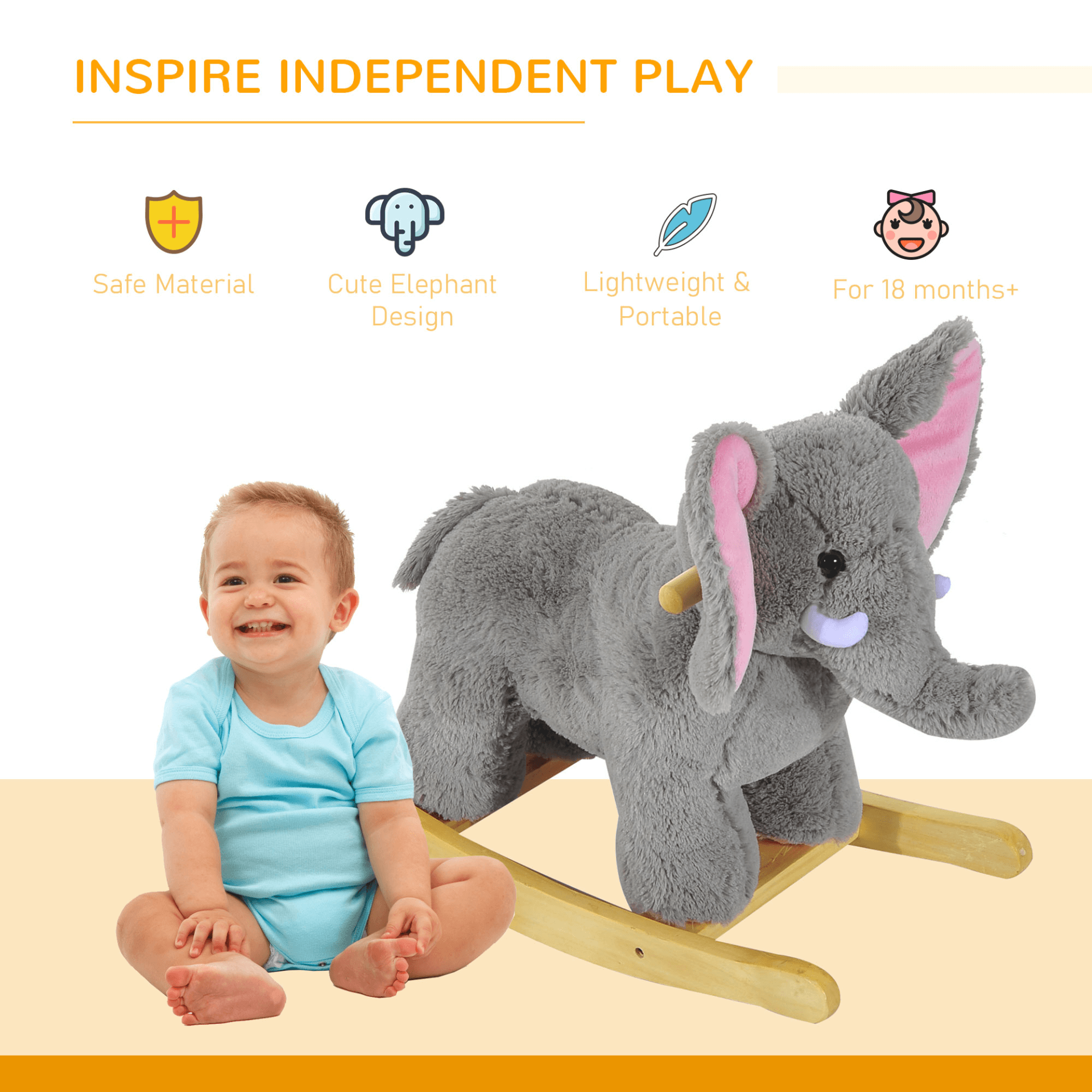 HOMCOM Kids Plush Rocking Horse - Grey Elephant Ride-On, Delight your toddler with the HOMCOM Rocking Horse! Soft, safe, and plays 32 nursery rhymes for endless musical fun.