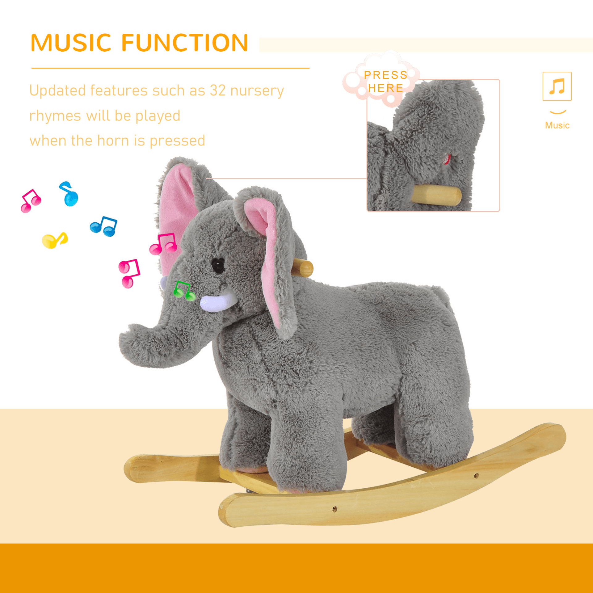 HOMCOM Kids Plush Rocking Horse - Grey Elephant Ride-On, Delight your toddler with the HOMCOM Rocking Horse! Soft, safe, and plays 32 nursery rhymes for endless musical fun.