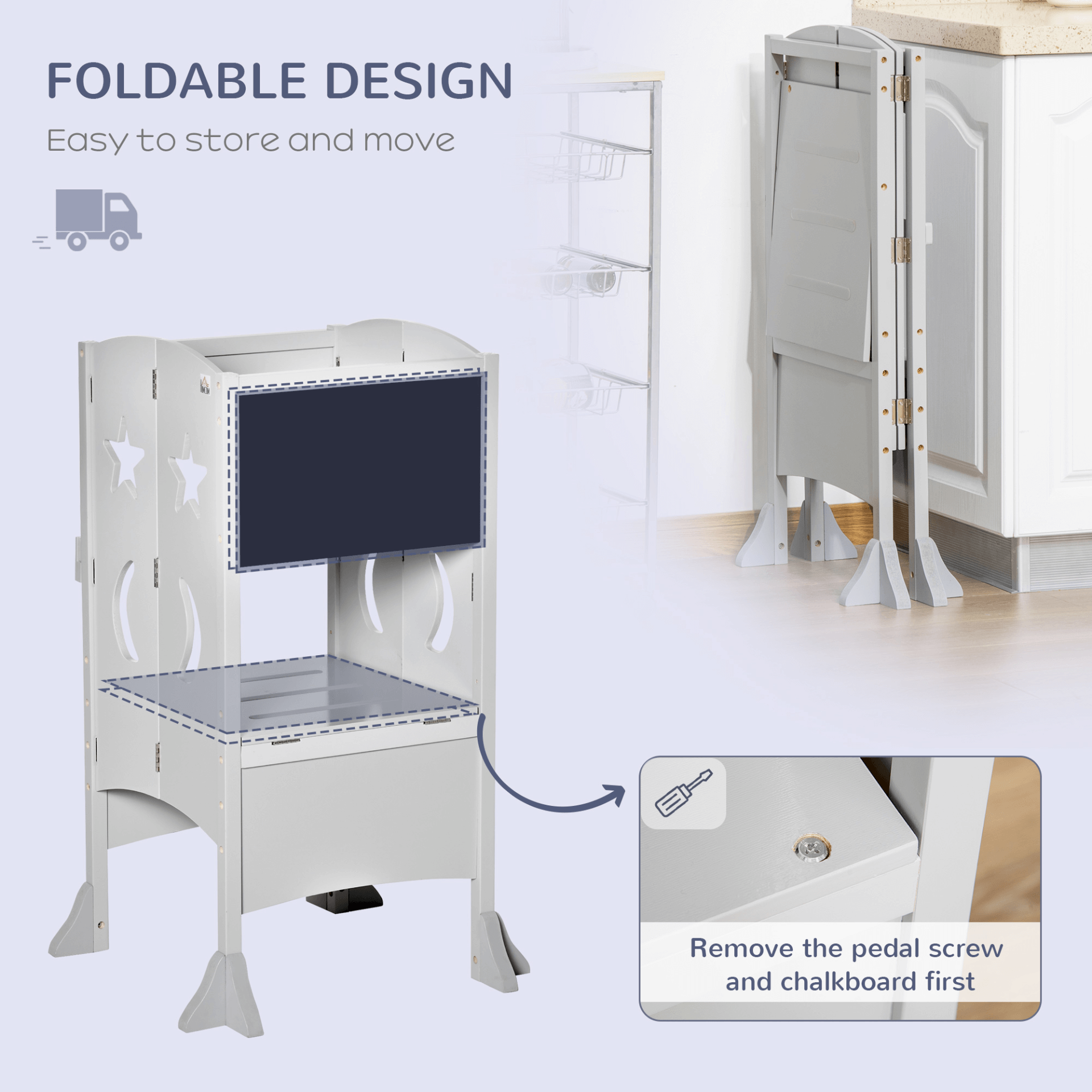 Kids Step Stool with Blackboard & Handrail - Grey, Encourage children's independence with our Grey Toddler Kitchen Stool. Perfect for hand washing & cooking. Safe, versatile, and ideal for daily chores.