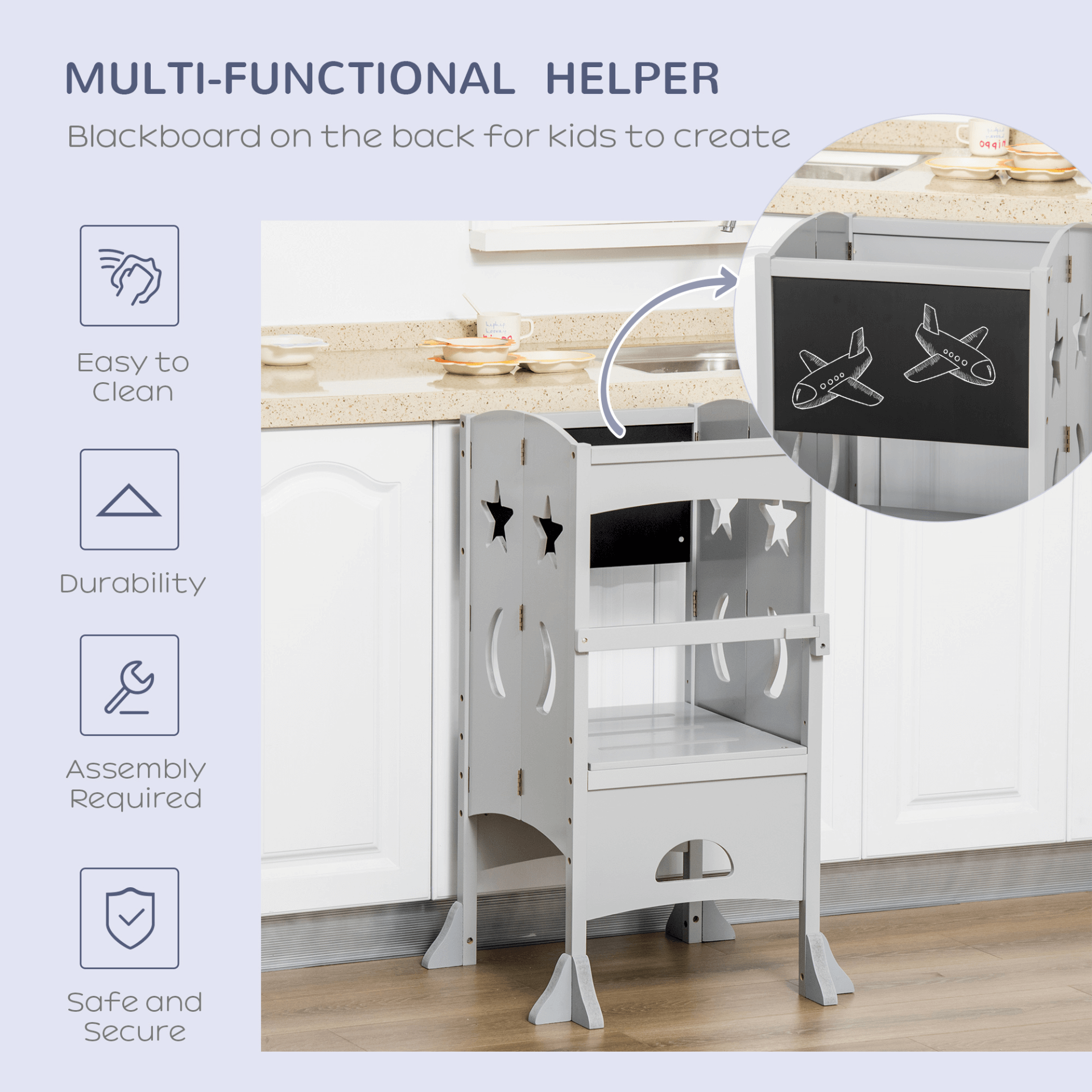 Kids Step Stool with Blackboard & Handrail - Grey, Encourage children's independence with our Grey Toddler Kitchen Stool. Perfect for hand washing & cooking. Safe, versatile, and ideal for daily chores.