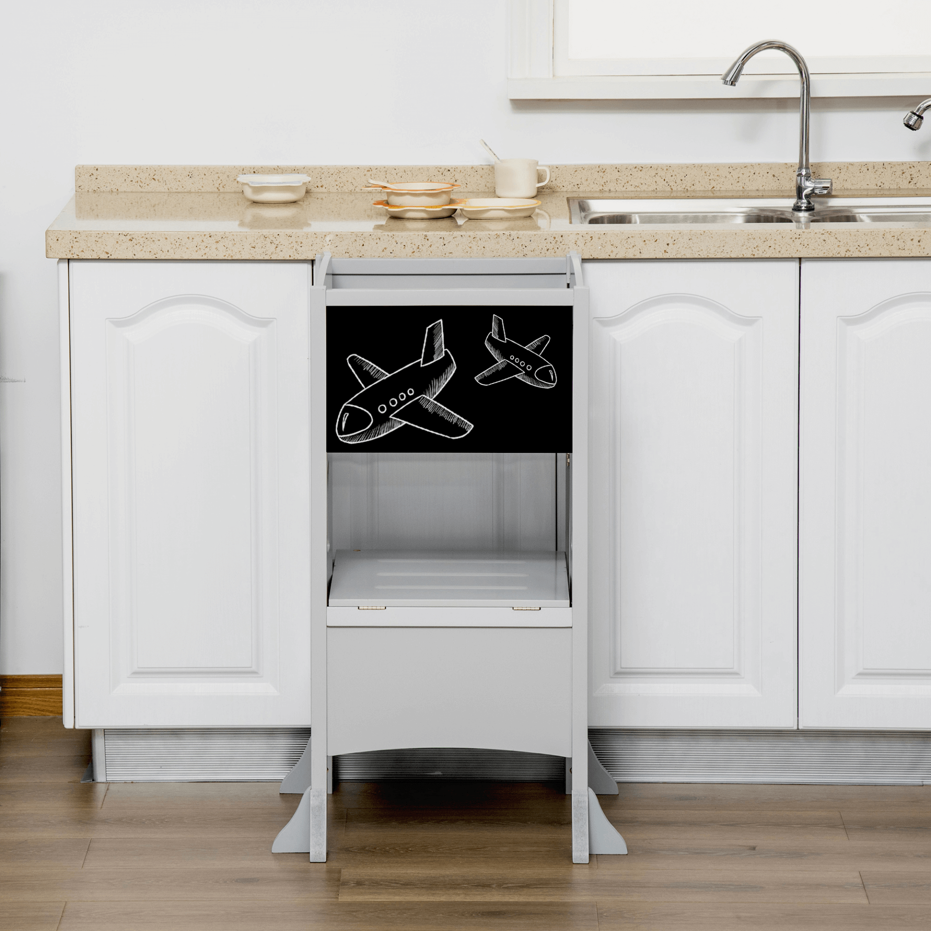 Kids Step Stool with Blackboard & Handrail - Grey, Encourage children's independence with our Grey Toddler Kitchen Stool. Perfect for hand washing & cooking. Safe, versatile, and ideal for daily chores.