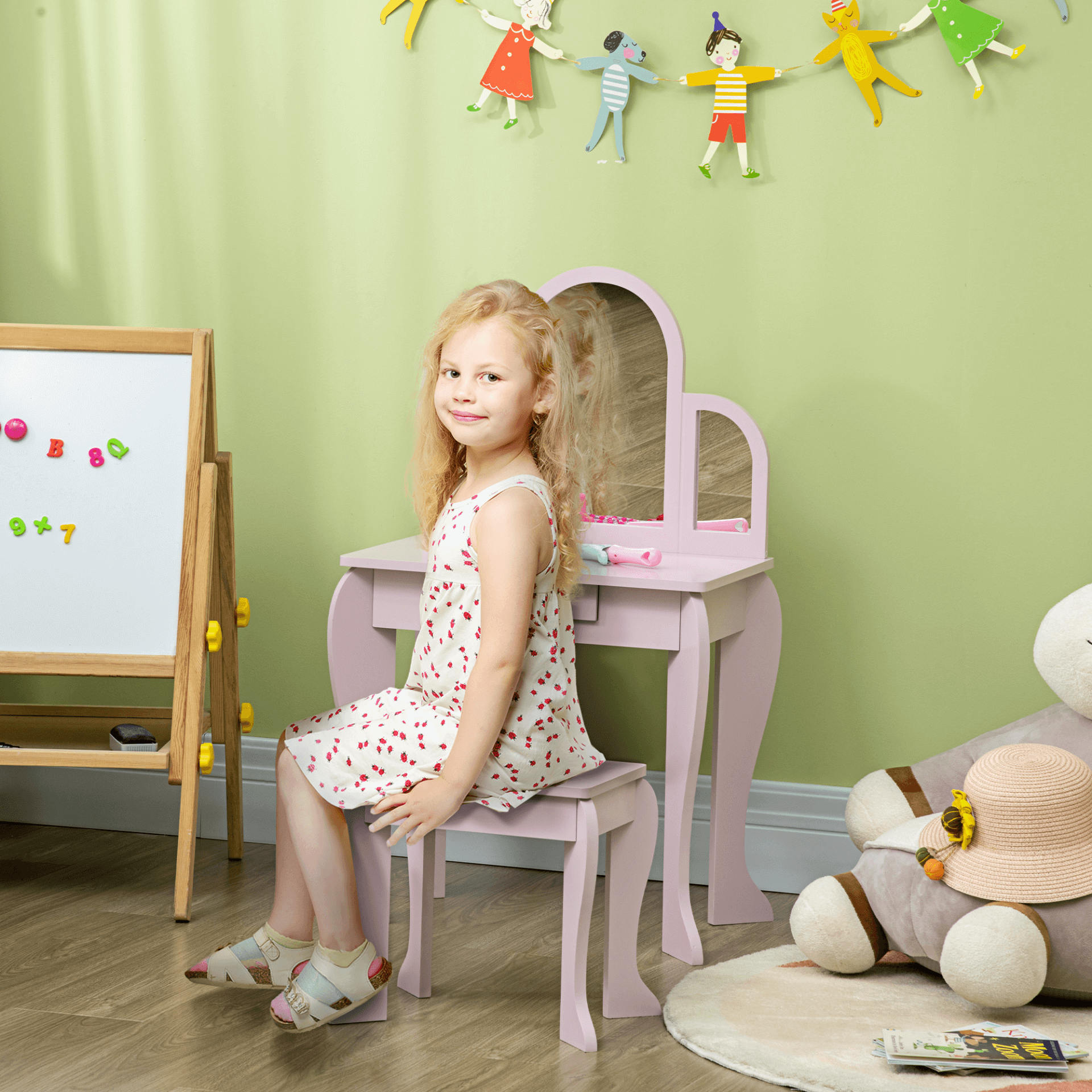 Pink Kids Dressing Table & Stool Vanity Set for Ages 3-6, Adorable and functional pink vanity set with mirror & drawer, designed for kids aged 3-6. Safe, durable, and adds charm to any room.