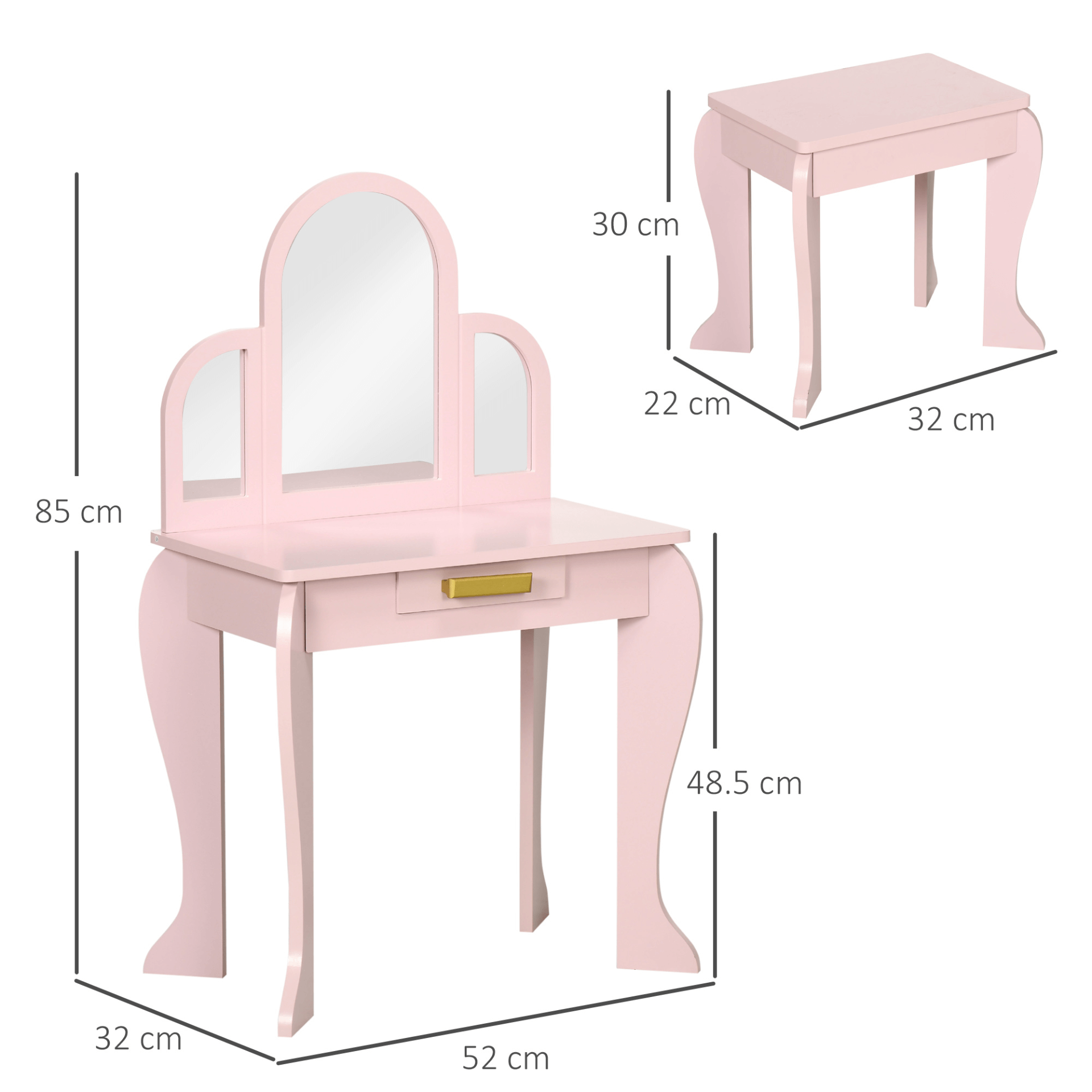 Pink Kids Dressing Table & Stool Vanity Set for Ages 3-6, Adorable and functional pink vanity set with mirror & drawer, designed for kids aged 3-6. Safe, durable, and adds charm to any room.